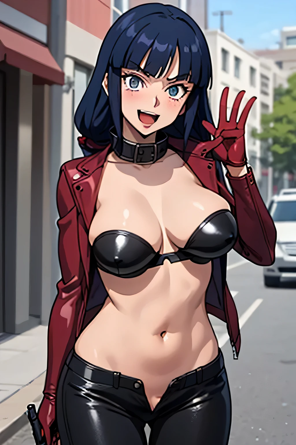 mihoshi, long hair, blue hair, large breasts, white gloves, star \(symbol\), star on stomach, blush, standing, masterpiece, best quality, highly detailed, a girls with a gun, evil smile , open mouth, sexy gaze, badass
pose , evil smile, smile, (nsfw) not safe for work, guns blazing, anime girl with long hair, beautiful long
haired girl, navel, evil expression, exposed belly, exposed navel, exposed midriff, exposed lower belly,
long black pants, crop top, cleavage, unbuttoned leather pants ,open fly, low rise black leather pants,
leather jacket, holding a gun, outdoor,street,road,