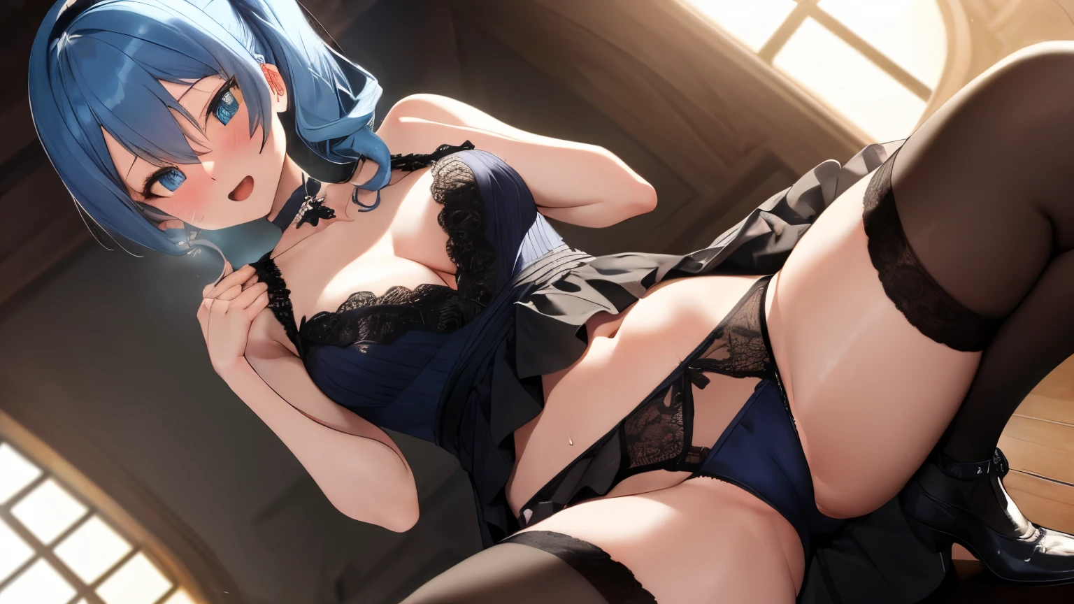NSFW,Hoshimachi Suisei,blue eyes,blue hair,choker,hair between eyes,medium hair,side ponytail,スターchoker,small breastasterpiece:1.2), highest quality, High resolution,(detailed and beautiful eyes:1.6),(perfect hands, perfect anatomy),(((masterpiece))),((highest quality)),embarrassed face,blush,I'm in heat,excited,whole body,Black Wedding Dresses,garter belt,wedding gloves,pantyhose,Panties with torn holes,thin waist,stomach,cleavage,Flipping up her skirt to show her panties,my pussy is wet,spread legs,Church at night illuminated by moonlight