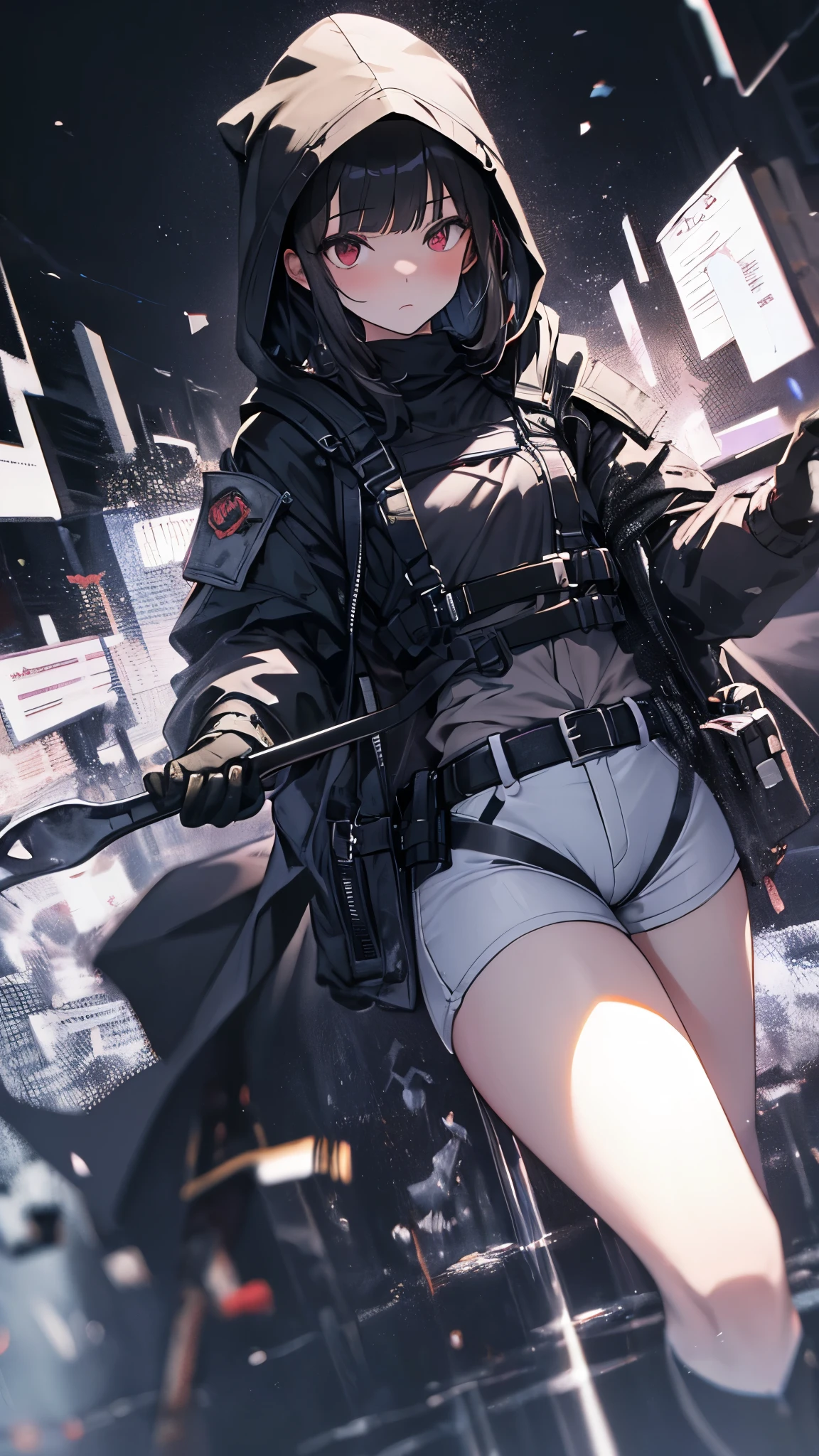 masterpiece, highest quality, 1 girl,black hair,alone, dnikke,(curvy),long sleeve, hooded, black shirt, gloves, shorts, black cloak, belt, tactical clothing, straddle, girl on top, throw, from below, riding, (be quiet:1.2),black background, night, dark, darkness, looking at the viewer,expressionless,(has a small ax:1.5)