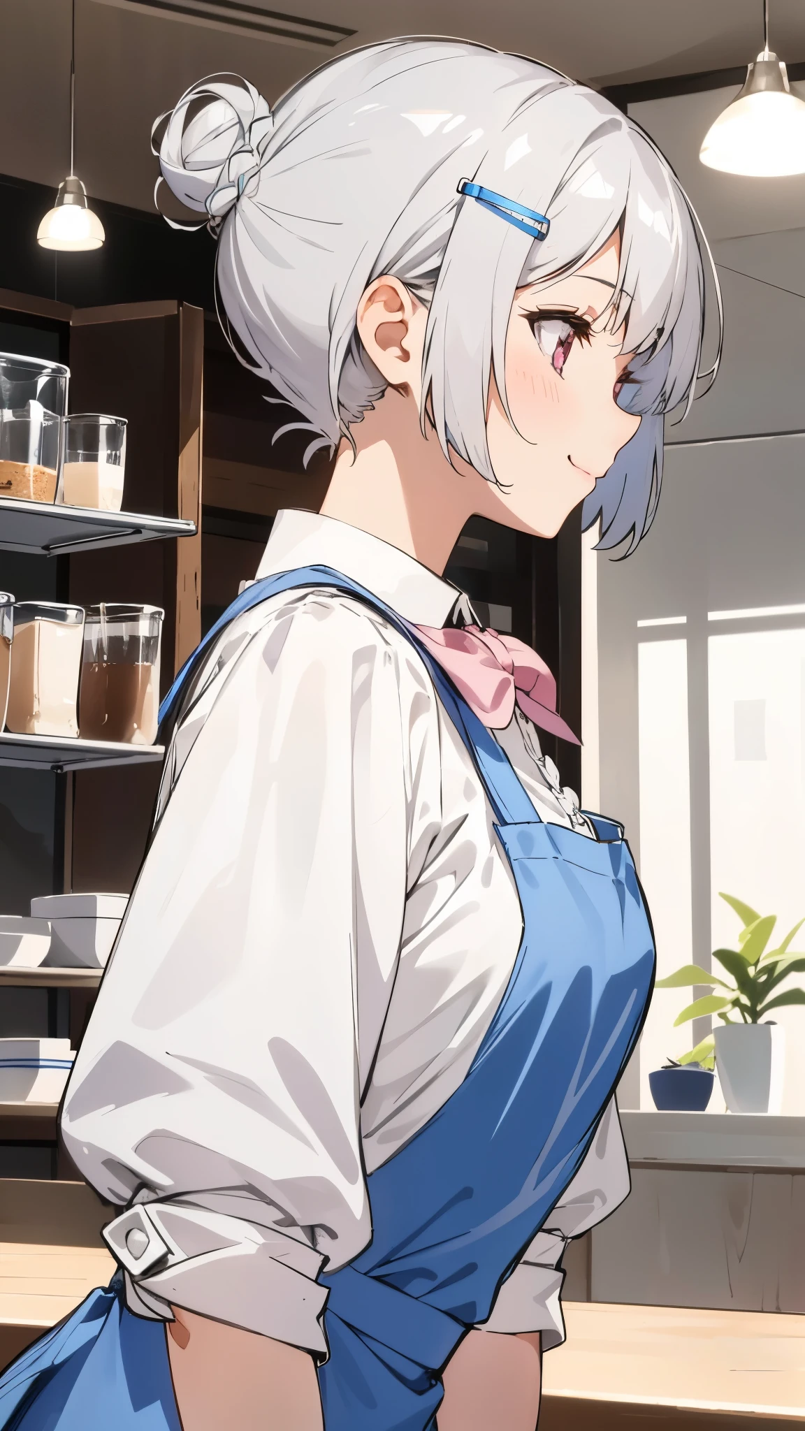 1 girl、white blouse、blue skirt、upper body up、Short hairstyles for silver hair and bob、Hair tied up in a bun with a hair clip、Shining pink round eyes、smile、profile、Apron appearance、((indoor、morning、Cafe))、sharp outline