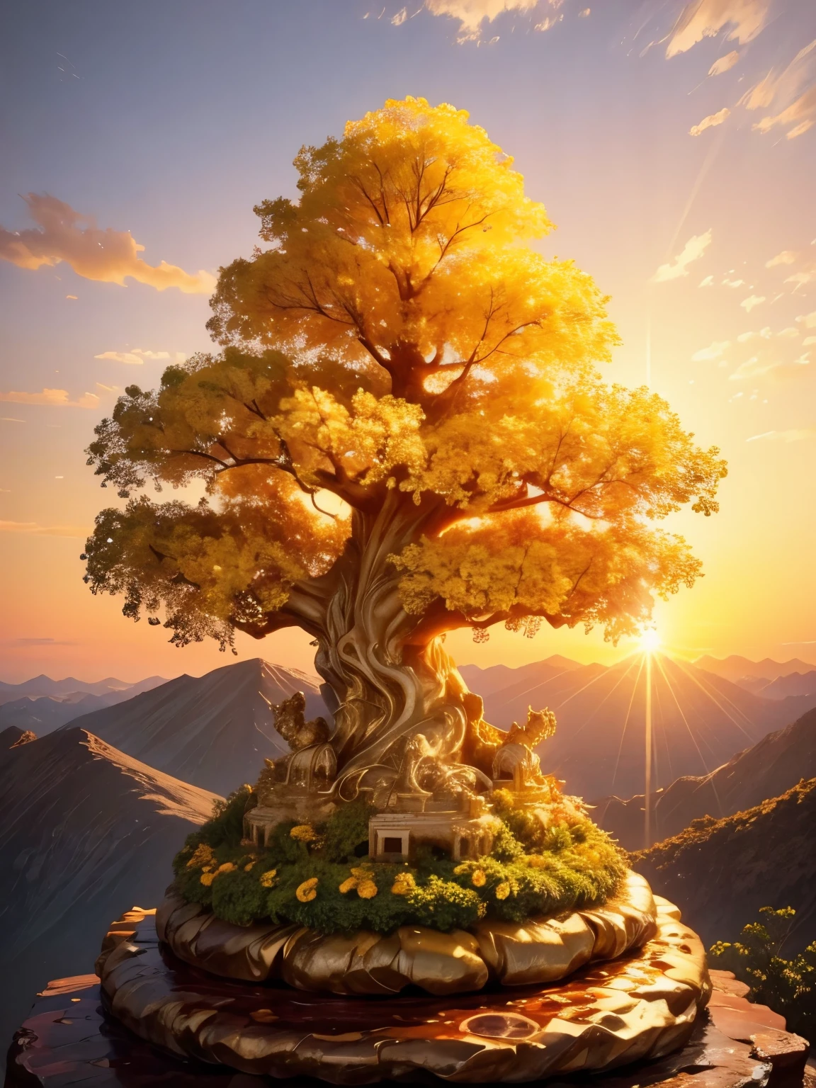 (masterpiece, best quality:1.2), Money tree on the top of the mountain，The sun shines on the money tree（ （（Sunset））），light warm（ （（充满阳光元素的masterpiece）））（（best quality））， （（intricate details））（8k）