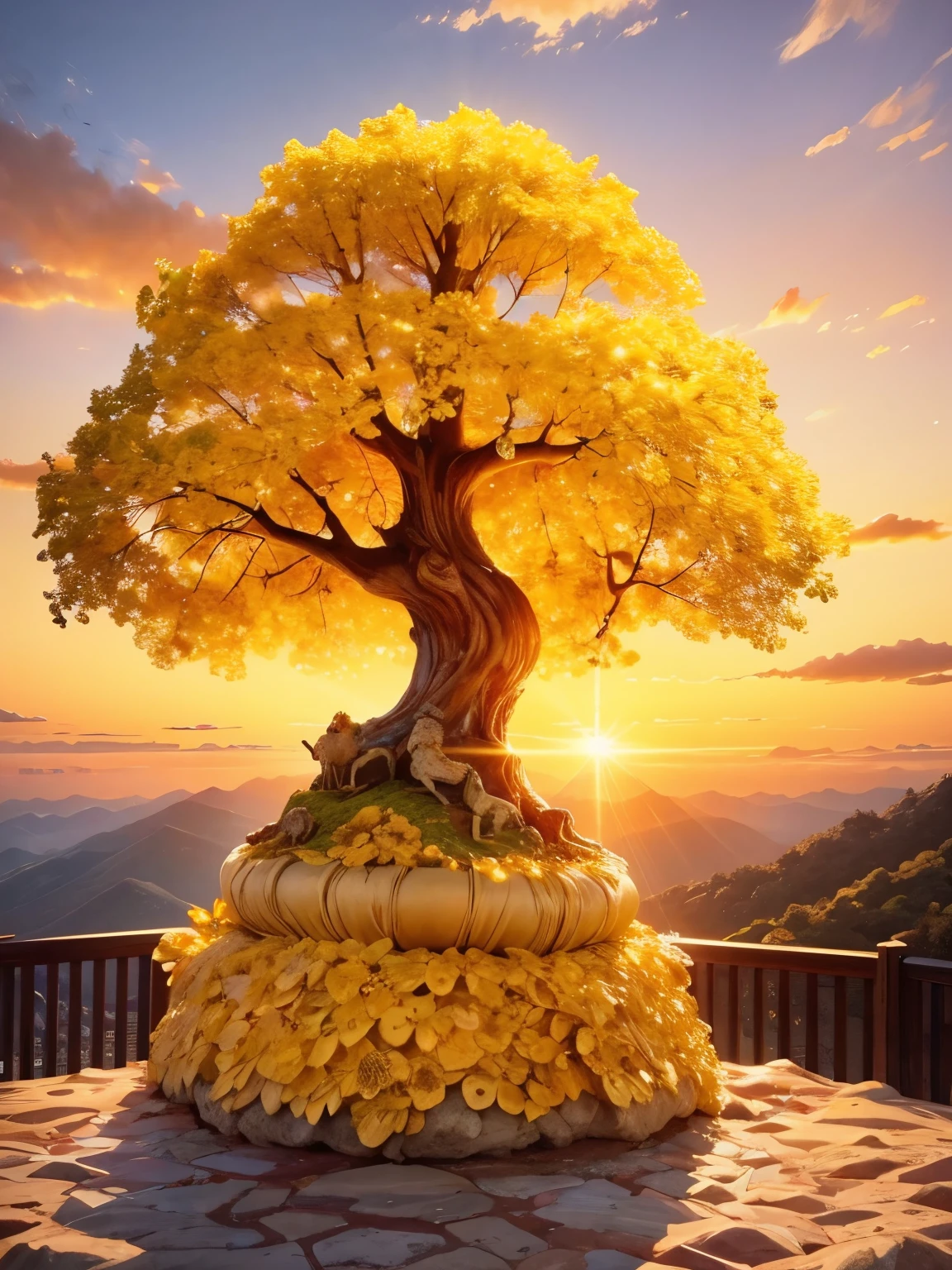 (masterpiece, best quality:1.2), Money tree on the top of the mountain，The sun shines on the money tree（ （（Sunset））），light warm（ （（充满阳光元素的masterpiece）））（（best quality））， （（intricate details））（8k）