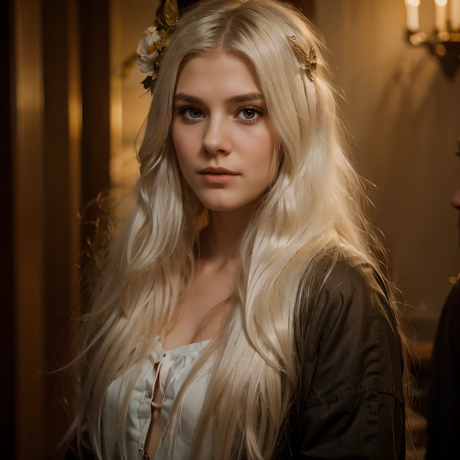 Beautiful young woman danish with long white hair and yellow eyes with beautiful young man Brown danish viking