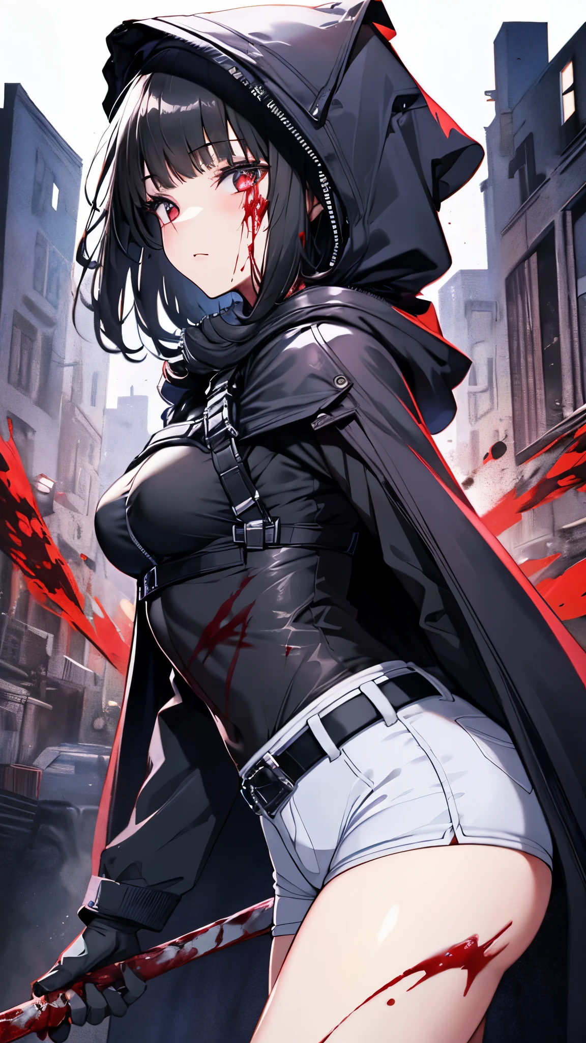 1 girl,black hair,alone, dnikke,(curvy),(medium breasts),walking,long sleeve, hooded, (black shirt), gloves,((white shorts)),((black cloak)), belt, (tactical clothing), straddle, throw, riding, night, dark, darkness,expressionless,(hold on small axe:1.3),powder light,watercolor,(from side),(return blood:1.3),(blood),(blood on face:1.1),Collapsed factory,top-quality,Top image quality,perfect anatomy,masterpiece,ultra-detailliert,Beautiful、ultra-quality, best quality,high resolution, ultra-detailed,game cg,dutch angle ,beautiful detailed eyes, visualart,five fingers, perfect hands,