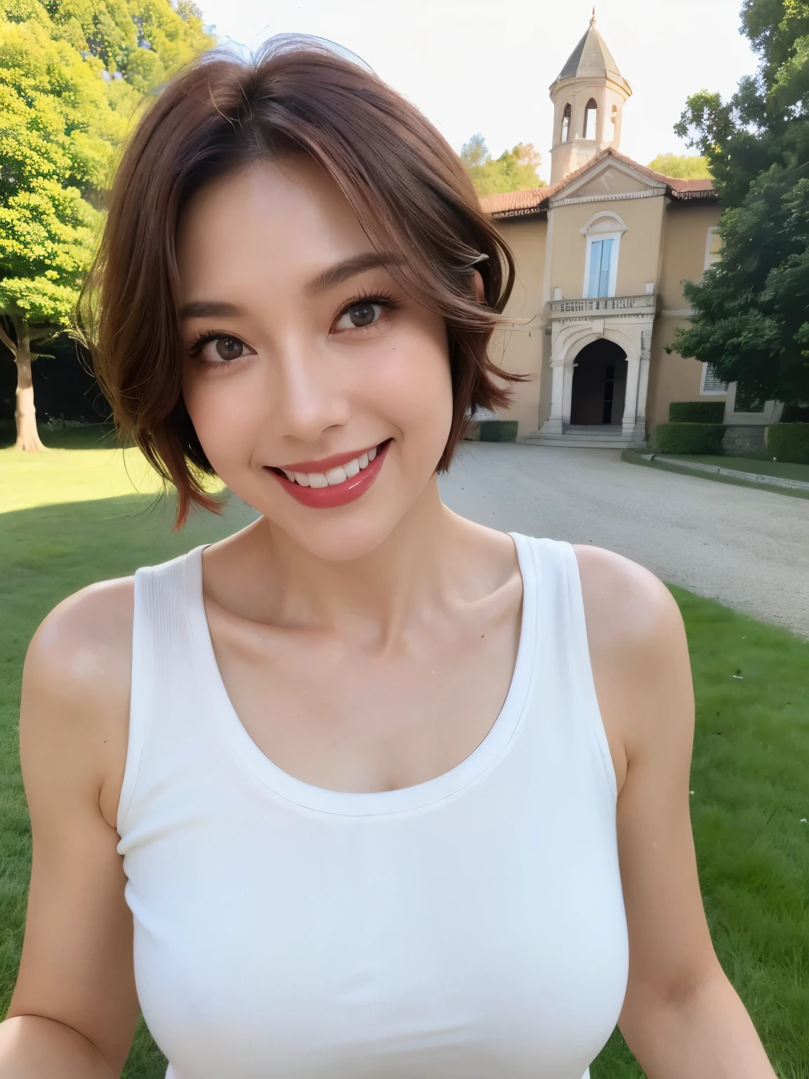 （38 years old), （black sleeveless shirt:1.2）,（white wool pants）、 double eyelid, eyelash, Red lip gloss, (smile:1), ((close your eyes:0.85)), (looking at the viewer、Are standing), (From above:0.2)、尖ったred mouth、(reddish brown wet shiny short hair),red mouth,clavicle、 (Photoreal:1.3),(RAW photo）,(woman standing in front of an old castle, Beautiful lawn, Squirting, Bright sunlight in the city of Modena, Italy) , 8k, Super detailed, highest quality, rough skin, anatomically correct, masterpiece , highest quality, cinematic lighting, Use perspective throughout , surrealism , ,(realistic:1. 3),(RAW photo) , black hair, light smile, short hair, bob cut, anaglyph, stereogram, (mature woman:1), (38 years old), ((close:0.5)), glare, double eyelids, lip gloss, (smile:1), ((close your eyes:0.85)), red mouth, clavicle, ((looking at the viewer)), (short hair of reddish-brown color wet and shiny,), (I can see the whole body) , Slightly thick body type , I opened my eyes wide. , perfectly round eyes , fine texture