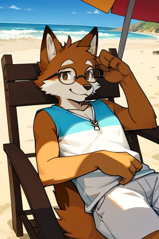 a fox with brown and white fur, he uses glasses, make him chilling in the beach, he is 14 years old.