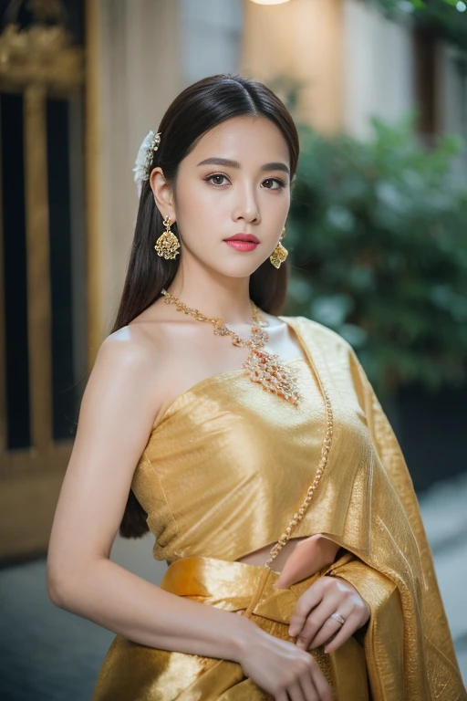 (best quality,4k,8k,highres,masterpiece:1.2),ultra-detailed,(realistic,photorealistic,photo-realistic:1.37),portrait,stunning Burmese patterned traditional dress lady,beautifully adorned,eye-catching brocade patterns,rich and vibrant colors,detailed embroidery work,exquisite textures,meticulously handcrafted dress,vividly captures the essence of Burmese culture,traditional floral motifs,graceful silhouette,fine folds and pleats,accentuates the lady's elegance,black single bun hair with flower,intricately arranged hairpiece,delicate and feminine,adds a touch of sophistication,soft yet confident expression,deep and captivating eyes,lustrous lips with a hint of a smile,flawless complexion,golden accessories,polished and refined,mesmerizing presence,subtle lighting,dramatic shadows,showcases the lady's grace and beauty,immersive visual experience,  lady