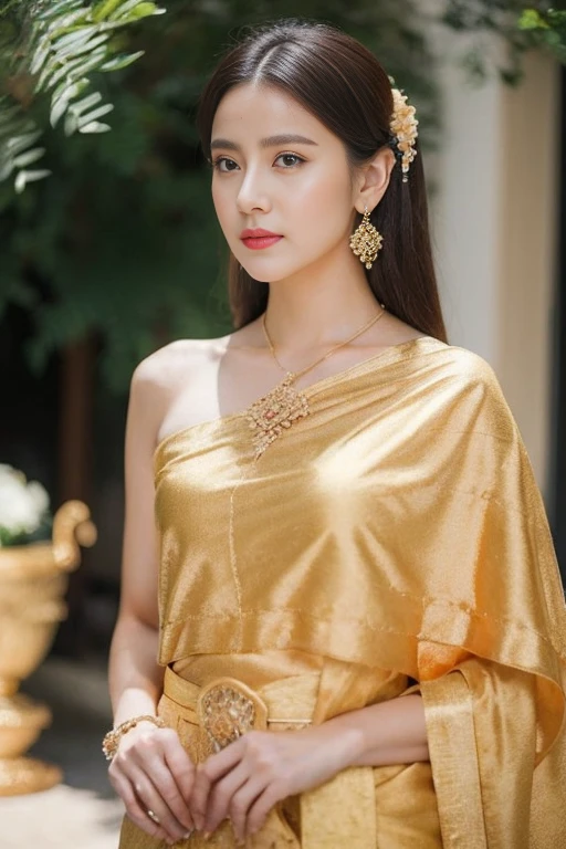 MMTD woman&#39;traditional dress, Burmese pattern, full detail., fine face, Fair-skinned, traditional white evening dress, Wear Parel Necklace, Traditional hairstyles, long scarf on shoulder, Sitting on a traditional style gold chair, It looks like a throne..., best composition, Full image coverage, Cenimatic lightning imagery and ultra-realistic details, Octane Rendering, crisp focus, unreal engine,32K HD resolution, A masterpiece of photography, Award-winning images, perfect anatomy