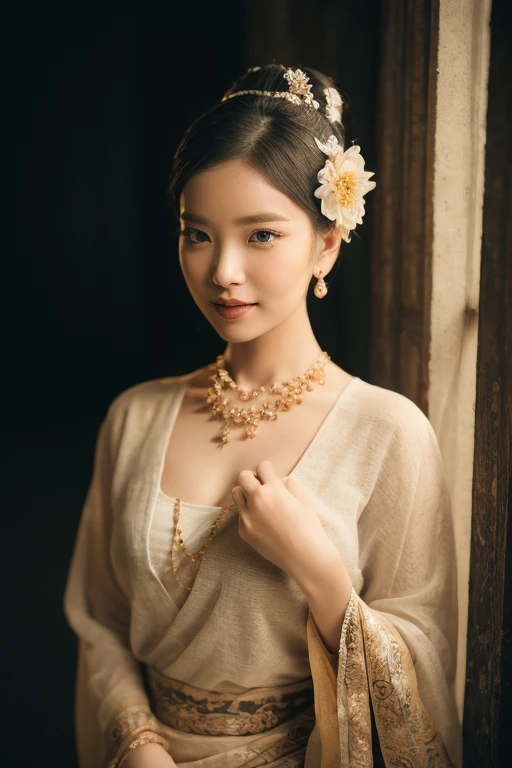 (best quality,4k,8k,highres,masterpiece:1.2),ultra-detailed,(realistic,photorealistic,photo-realistic:1.37),portrait,stunning Burmese patterned traditional dress lady,beautifully adorned,eye-catching brocade patterns,rich and vibrant colors,detailed embroidery work,exquisite textures,meticulously handcrafted dress,vividly captures the essence of Burmese culture,traditional floral motifs,graceful silhouette,fine folds and pleats,accentuates the lady's elegance,black single bun hair with flower,intricately arranged hairpiece,delicate and feminine,adds a touch of sophistication,soft yet confident expression,deep and captivating eyes,lustrous lips with a hint of a smile,flawless complexion,golden accessories,polished and refined,mesmerizing presence,subtle lighting,dramatic shadows,showcases the lady's grace and beauty,immersive visual experience, naked lady