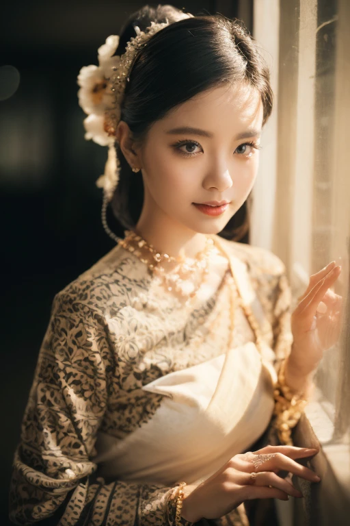 (best quality,4k,8k,highres,masterpiece:1.2),ultra-detailed,(realistic,photorealistic,photo-realistic:1.37),portrait,stunning Burmese patterned traditional dress lady,beautifully adorned,eye-catching brocade patterns,rich and vibrant colors,detailed embroidery work,exquisite textures,meticulously handcrafted dress,vividly captures the essence of Burmese culture,traditional floral motifs,graceful silhouette,fine folds and pleats,accentuates the lady's elegance,black single bun hair with flower,intricately arranged hairpiece,delicate and feminine,adds a touch of sophistication,soft yet confident expression,deep and captivating eyes,lustrous lips with a hint of a smile,flawless complexion,golden accessories,polished and refined,mesmerizing presence,subtle lighting,dramatic shadows,showcases the lady's grace and beauty,immersive visual experience, ????? lady