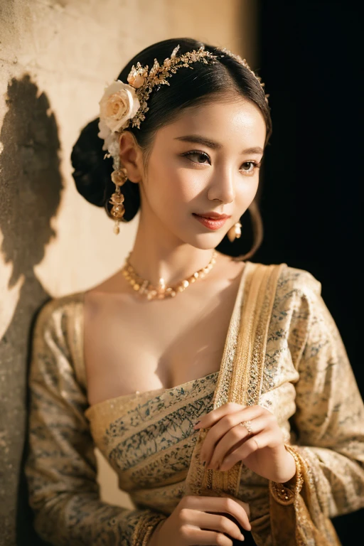 (best quality,4k,8k,highres,masterpiece:1.2),ultra-detailed,(realistic,photorealistic,photo-realistic:1.37),portrait,stunning Burmese patterned traditional dress lady,beautifully adorned,eye-catching brocade patterns,rich and vibrant colors,detailed embroidery work,exquisite textures,meticulously handcrafted dress,vividly captures the essence of Burmese culture,traditional floral motifs,graceful silhouette,fine folds and pleats,accentuates the lady's elegance,black single bun hair with flower,intricately arranged hairpiece,delicate and feminine,adds a touch of sophistication,soft yet confident expression,deep and captivating eyes,lustrous lips with a hint of a smile,flawless complexion,golden accessories,polished and refined,mesmerizing presence,subtle lighting,dramatic shadows,showcases the lady's grace and beauty,immersive visual experience,  lady