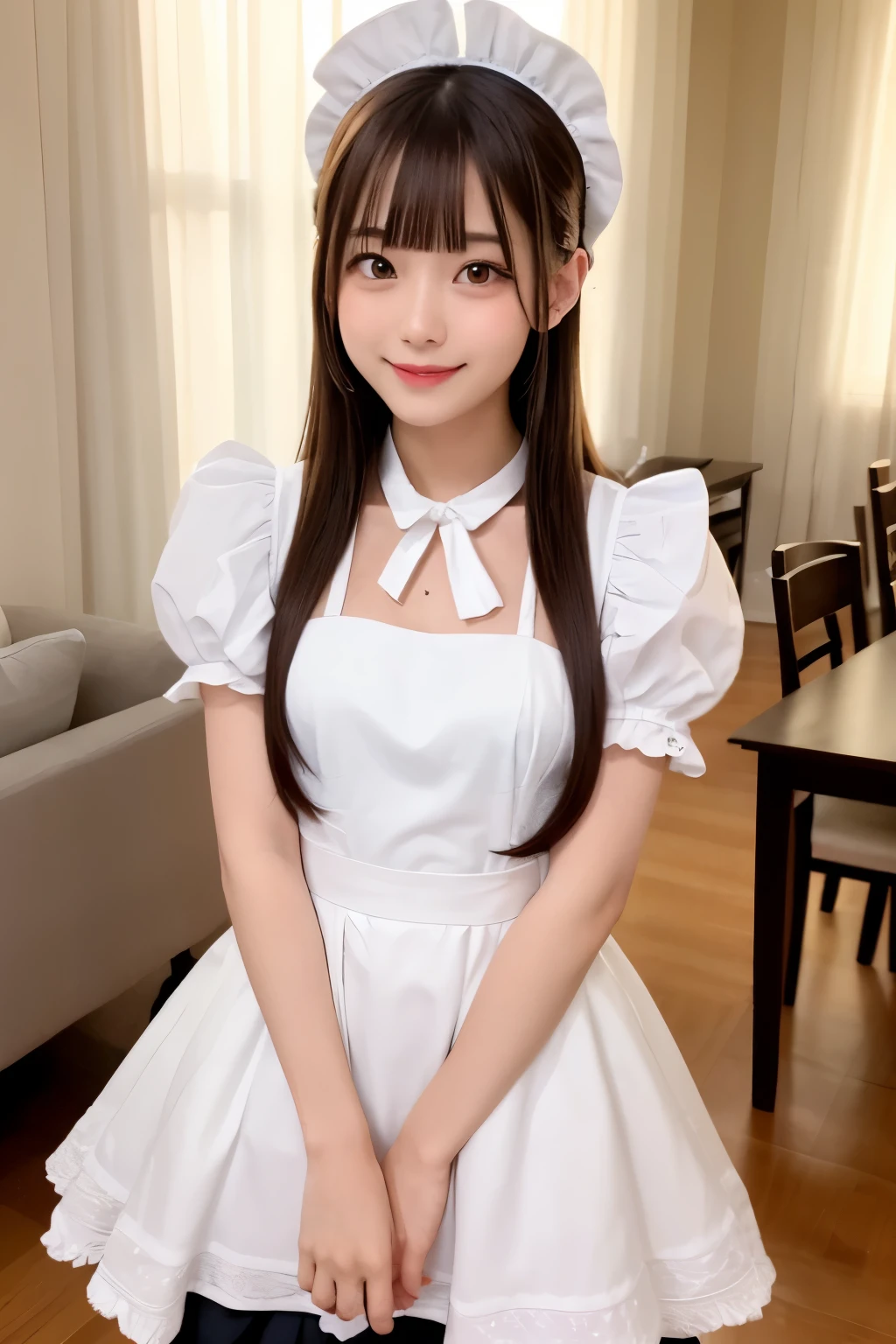 table top, highest quality, one girl, (beautiful girl:1.3), (16 years old:1.2), extremely fine-grained clarity, (symmetrical eyes:1.3), (maid costume, Cute Maid, Moe maid:1.2), brown eyes, parted bangs, brown hair、smile
