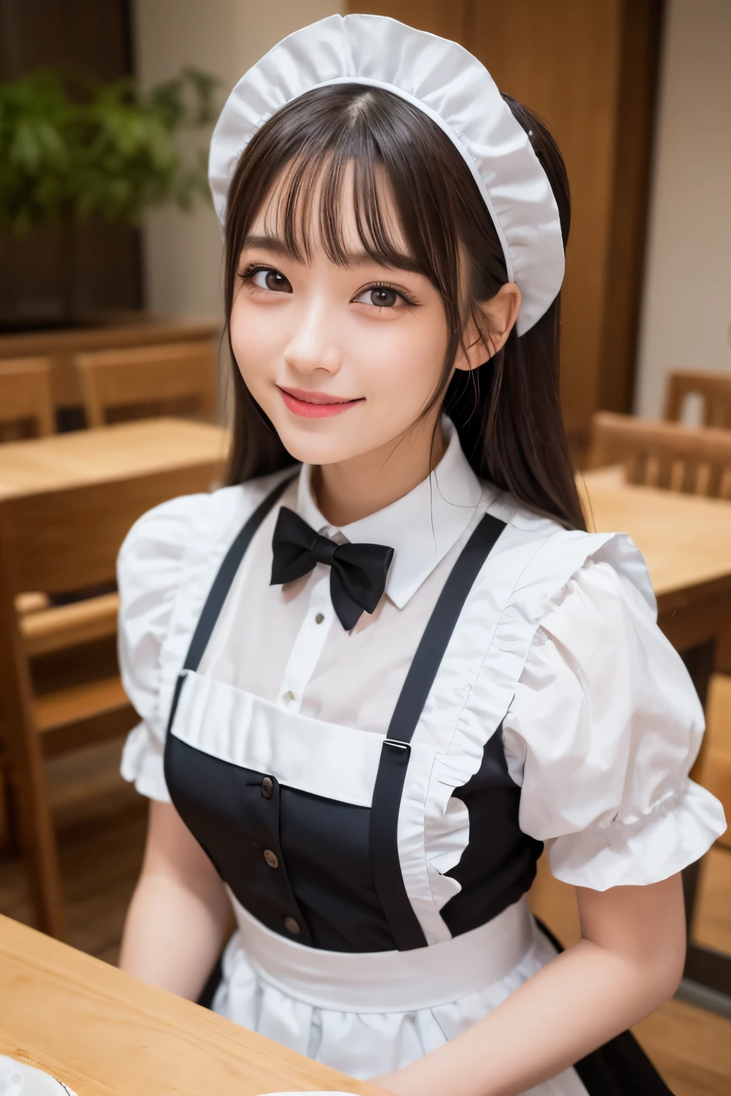 table top, highest quality, one girl, (beautiful girl:1.3), (16 years old:1.2), extremely fine-grained clarity, (symmetrical eyes:1.3), (maid costume, Cute Maid, Moe maid:1.2), brown eyes, parted bangs, brown hair、smile