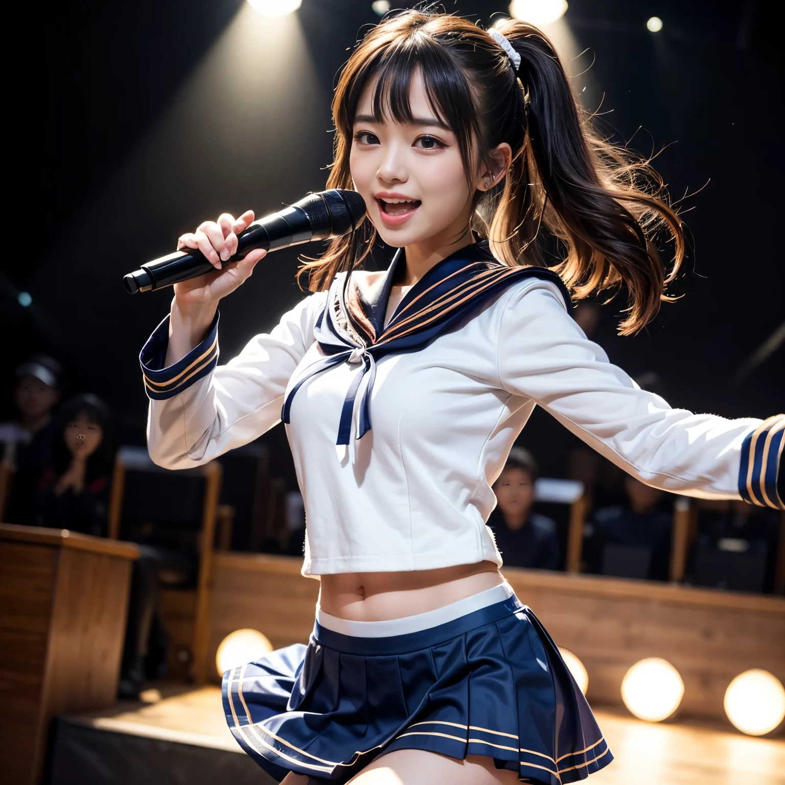 ((masterpiece、highest quality))、shape、Super detailed、8k、realistic、sharp focus、very detailed、professional lighting、colorful details、detailed texture、skin moisture、shiny skin、perfect style、Esbian、bow、(unparalleled beauty:1.55)、(Sailor suit costume　Wearing a skirt:1.5)、(Concert luxury set stage:1.55)、(sing and dance vigorously:1.55)、in front of a packed audience、look at the camera、18-year-old、shine、intricate details、Shitsumeka、a woman stands in front of the camera、belly button、smile、 information、twin tails