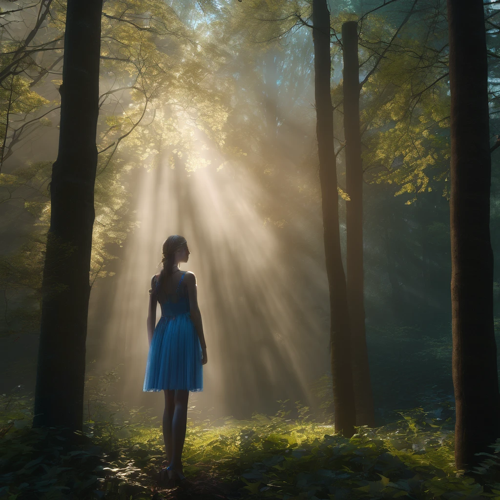 Tyndall Effect, aesthetic, extremely detailed, masterpiece, best quality, Tyndall effect, light beams, 1girl, solo, blue dress, thighhighs, standing, looking up, in forest, trees, sunlight rays, volumetric lighting, cinematic lighting, light rays, light scattering, volumetric fog, mist, atmosphere, photorealistic, 8k, unreal engine, octane render
