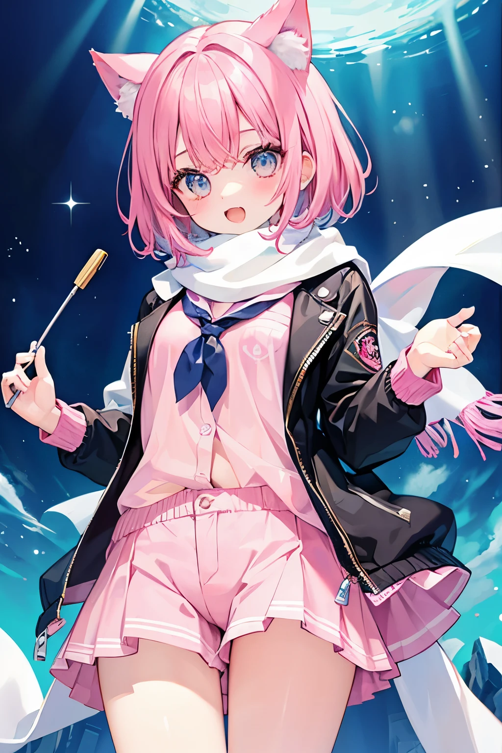 Very beautiful and shining eyes、shining eyes、1 girl、small breasts、big mouth、high school girl、small breasts、Cat ear、Transparent pink short hair、scarf、hot pants、transparent clothes、childish clothes