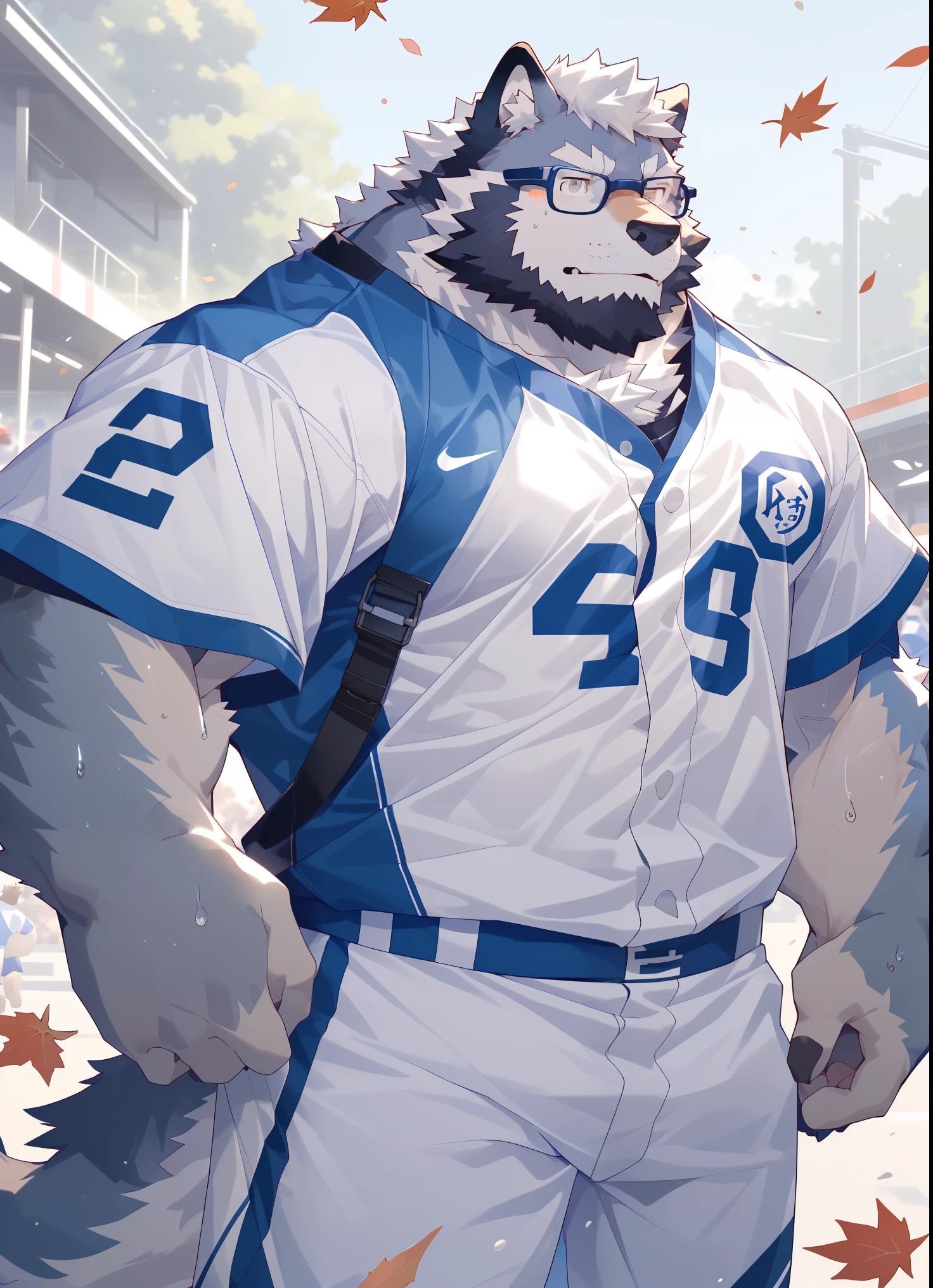 hairy，（Wolf，white baseball uniform，white baseball pants，Black-rimmed glasses，），beard，white fur，male，Common，full-body shot， dynamic poses，Baseball games，There are fallen leaves，wet clothes，sweat，Breathing heavily，sweat a lot，Sunlight，Detailed background，极其lifelike阴影，masterpiece，Very detailed，lifelike