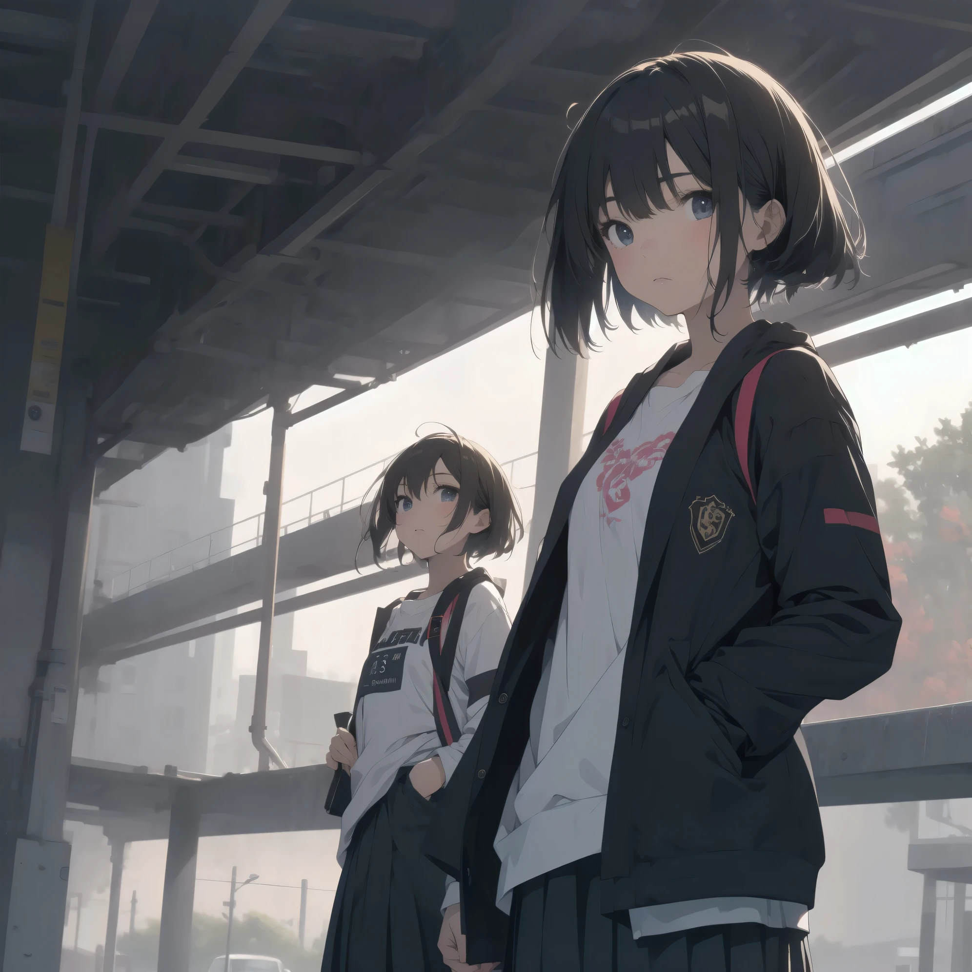 Super absurd quality by the god of art, super detailed, High resolution, artist:Fujiyama, artist:Mitsumi_Misato,anime moe art style, Best Anime 8K Kona-chan Wallpaper, pixiv contest winner, perfect anatomy, break,(眠そうにalone学校へ行く女の子を描いてください. )break,1 girl, (alone,little woman, baby face, 13 years old:1.3),All limbs, full finger,, The charm of an immature body, (very_short hair), small black eyes, detailed and beautiful eyes, Well-proportioned iris and pupils, expressive eyes, sleepy eyes, High resolutionの詳細な髪, neck ribbon, skirt, collared shirt, pleated skirt, school uniform, school bag,(detailed lighting), (detailed background), On the way to school. break,super dense skin, Best cinematic lighting powered by famous artist, 8k,collaboration illustration,photoshop_(Moderate),Absurd Hi-Res,Hmm,rough skin,artist:Digit