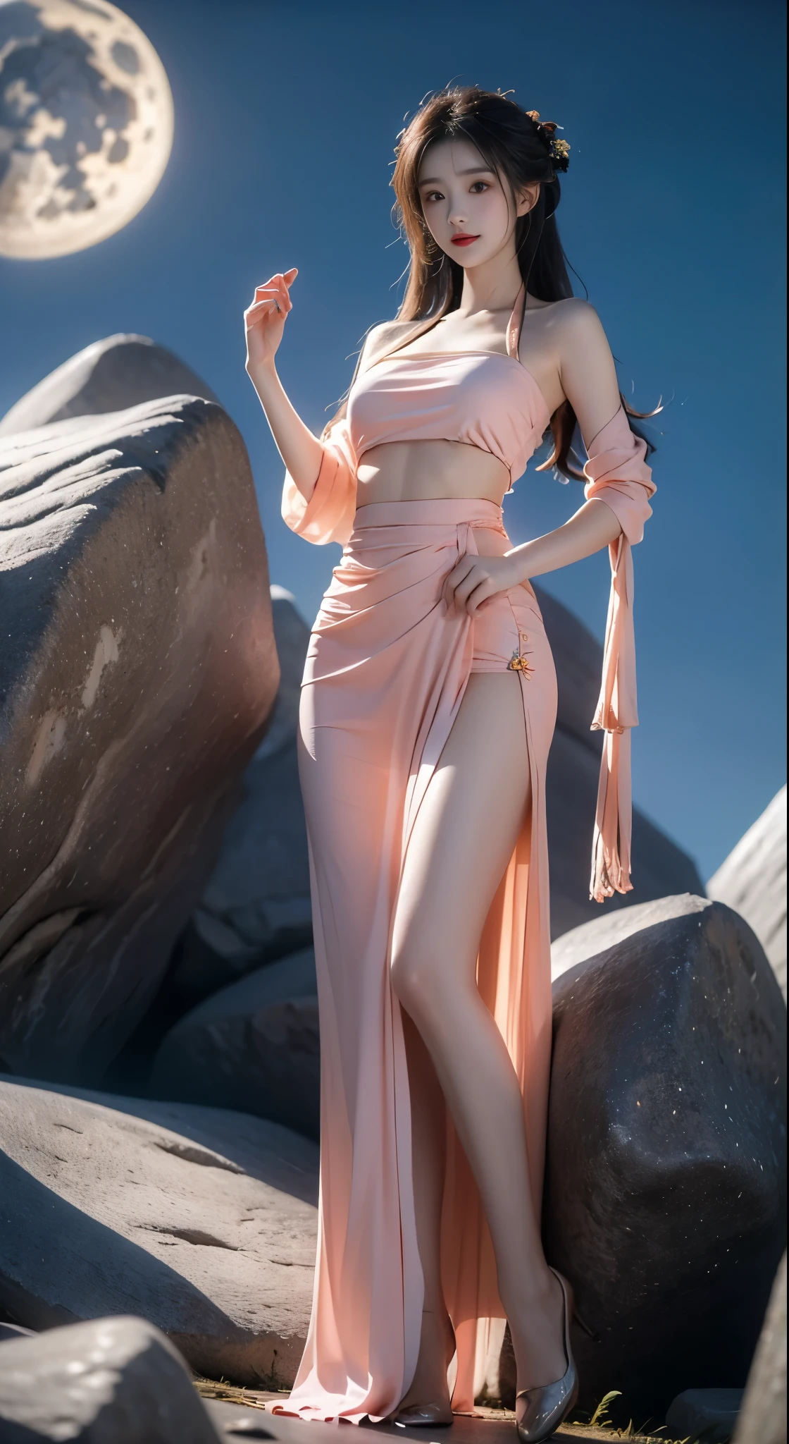 hanfu-song, hanfu, song theme, bandeau, tube top, ((bare shoulders)), ((whole body)), actual, Fashion girl, red lips, mature women, cosmetic, big eyes, beautiful eyes, ((whole body)), ((from below)), (best quality, masterpiece:1.2), super detailed, (actual:1.37), ((Sexy long legs)), beautiful, young and energetic, Charming model with, big breasts, cleavage, very beautiful legs, Panoramic long legs, (exquisite eyes, Detailed lips, extremely exquisite eyes), Show a bright smile, Create stunning girl images, warm color, Extremely high color saturation, official art, Extremely detailed CG unified 8k wallpaper,(high dynamic range :1.4), (cinematic),(pastel colors, The color is dull, soothing tone :1.3), (natural skin texture, ultra-actual, soft light, sharp),(Very detailed), night, moonlight, ((in the mountains, plant, Leaning against the rocks))