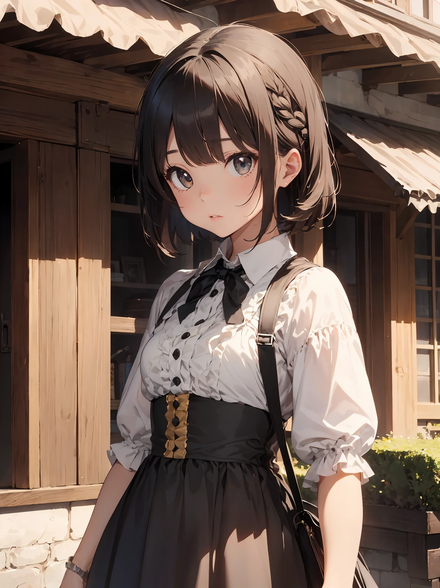 (highest quality、16K、masterpiece、ultra high resolution、Victorian era、Photoreal:1.2)、cowboy shot、One length bob cut braided hair clip with front drop、brand uniform cute、clear、 Tsundere、heroine attributes