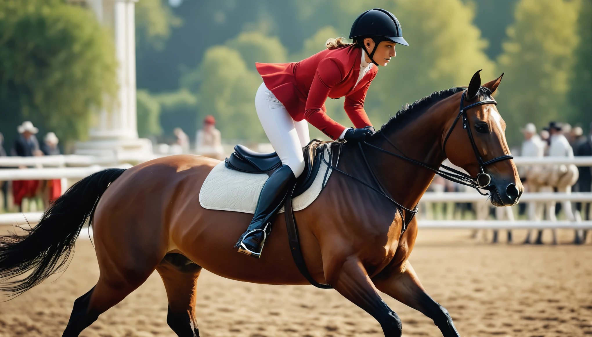 create an image demonstrating the style of ((Equestrian)) style, hyper realism, 8k high definition, vibrant colors, sharp focus, insanely detailed