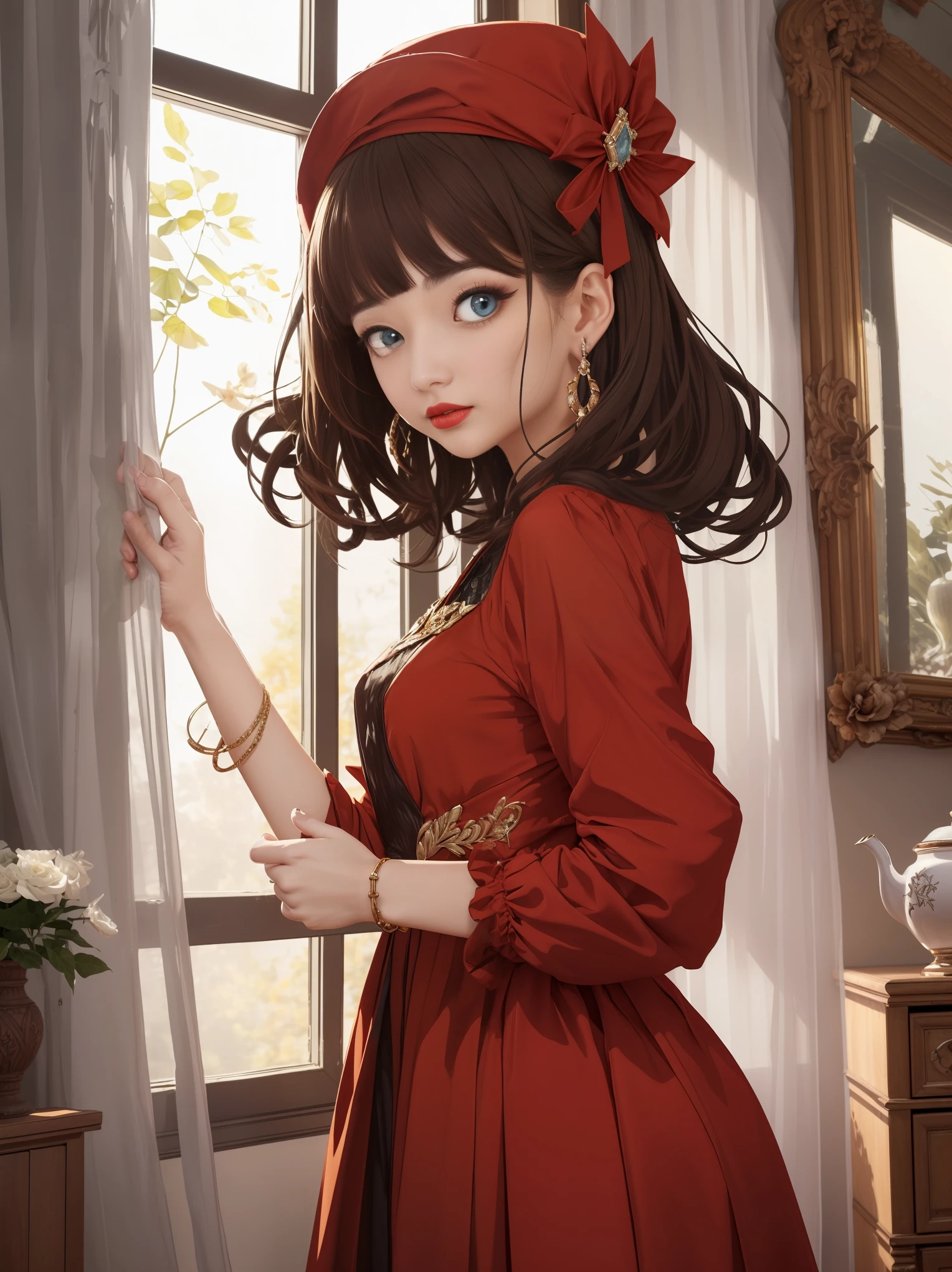 (((( best quality, masterpiece )))), ultra-detailed illustration, realistic, colorful
BREAK.
1girl, solo, outstanding looks, beautiful, bangs, brown hair, curly hair, red lips, medium hair, blunt bangs, aquamarine blue eyes,
BREAK
Bold poz, Cute poz, Embarrassing, Upward glance,
BREAK
Cosplay costume, rings, jewelry, earrings, ribbons, , hair ribbons, shirt, buttons, hat, red dress, dress, long sleeves
BREAK
Otherworldly Fantasy World View, Lamp, Indoors, Blurred Background, Kettle, Curtain, Raising Hand, Looking At Viewer, Distant, Window,