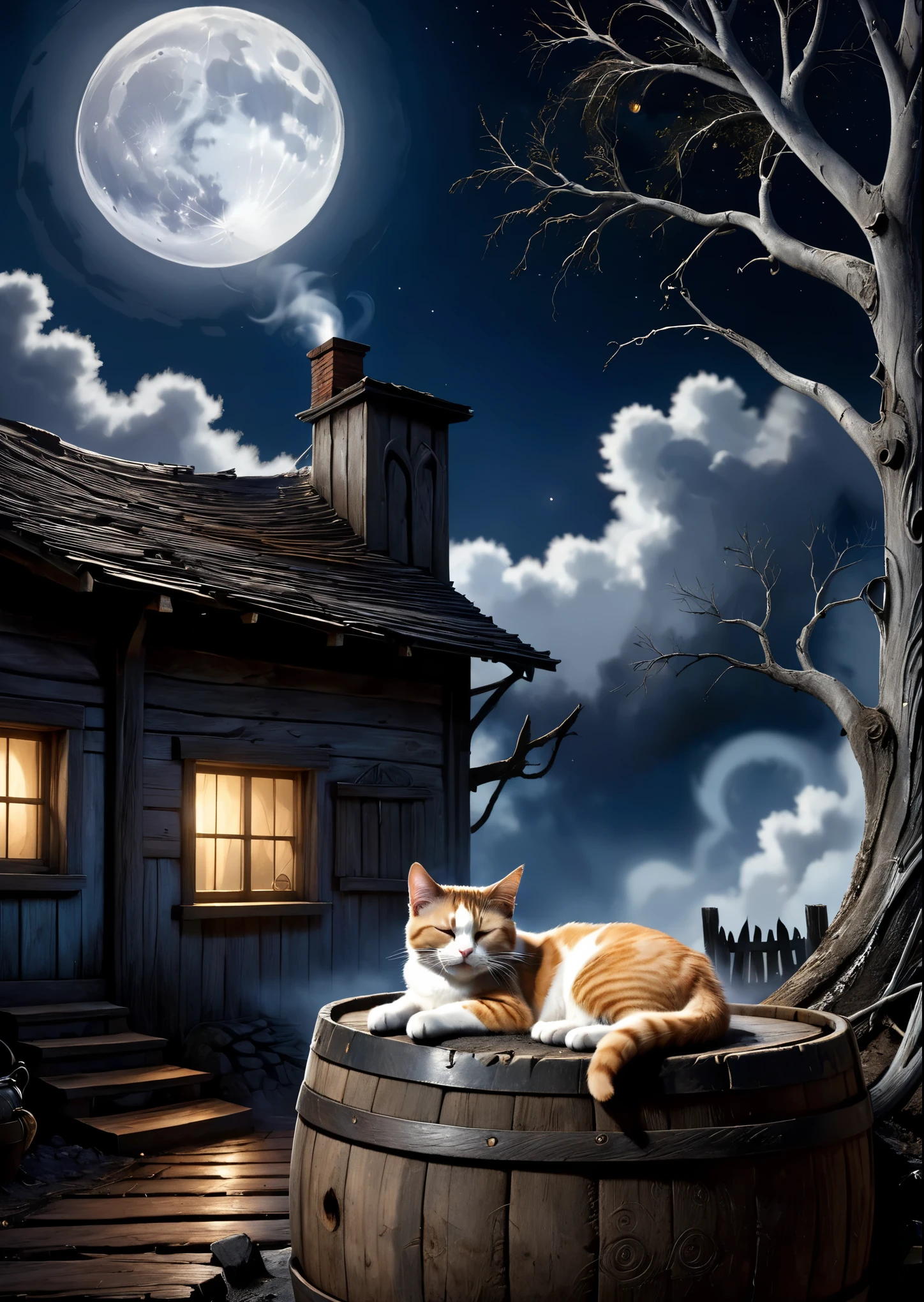 A cat sleeping on a large wooden barrel in front of an old mud-walled house、White smoke is coming out of the chimney、Under a dead tree、moon night、The moon is half hidden in clouds、thriller、Tim Burton Films、High color rendering、high detail