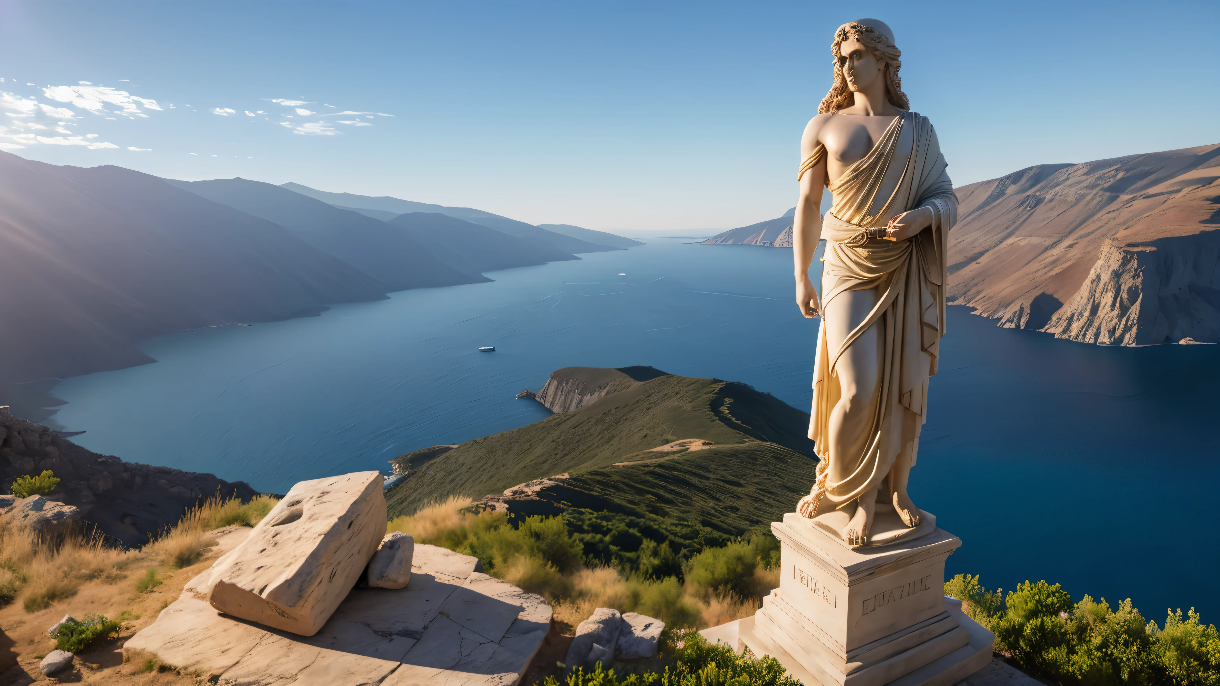 Cinematic 8K hyper-realistic, one stoic marble statue, standing, Greece in the background, dark background, Greek mythology, colossal, illuminated by a radiant light, ultra detailed, is characterized by its extraordinary physical attributes and awe-inspiring presence.