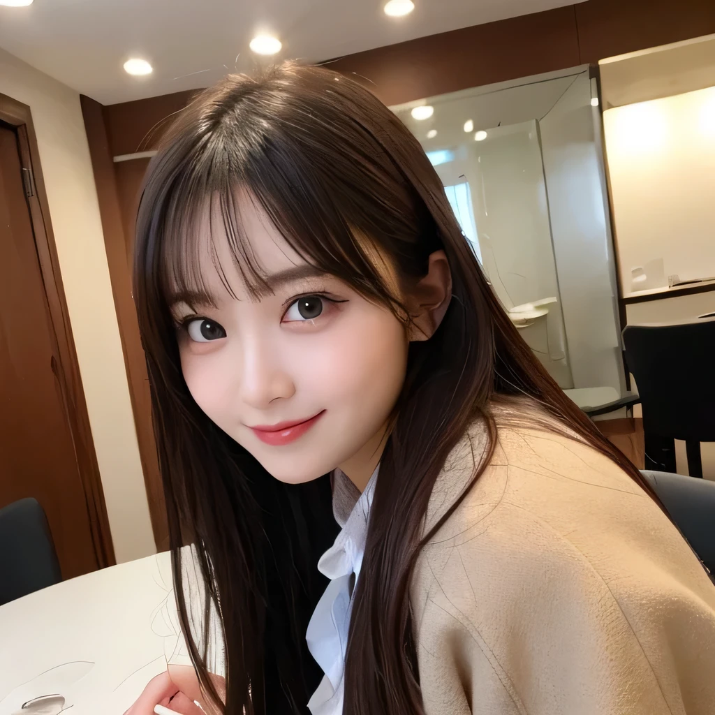 table top, highest quality, shape, Super detailed, finely, High resolution, 8k wallpaper, Perfect dynamic composition shape, beautiful and detailed eyes, straight hair, natural color lip, ((coat over naked)), (seductive pose), smile, Shibuya Ward, 20 year old girl, cute, sexy shot looking at camera, narrow side, slender body, RAW photo, Hotel, self snap, small breasts