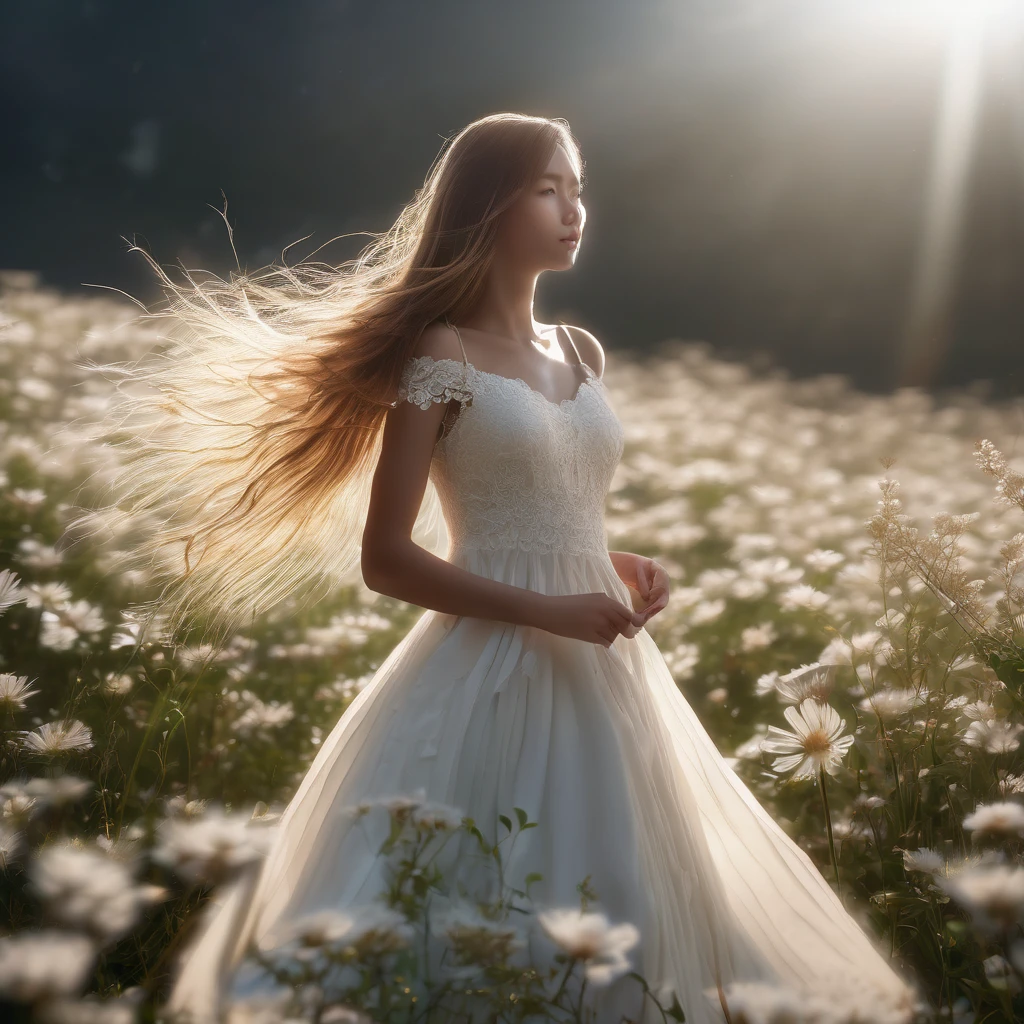 Tyndall Effect, aesthetic, extremely detailed, masterpiece, best quality, Tyndall effect, light beams, long hair, white dress, 1girl, solo, bare shoulders, looking up, holding hand up, in flower field, backlighting, sun rays, light scattering, volumetric lighting, light rays, atmospheric, depth of field, photorealistic, cinema 4d, octane render, 8k