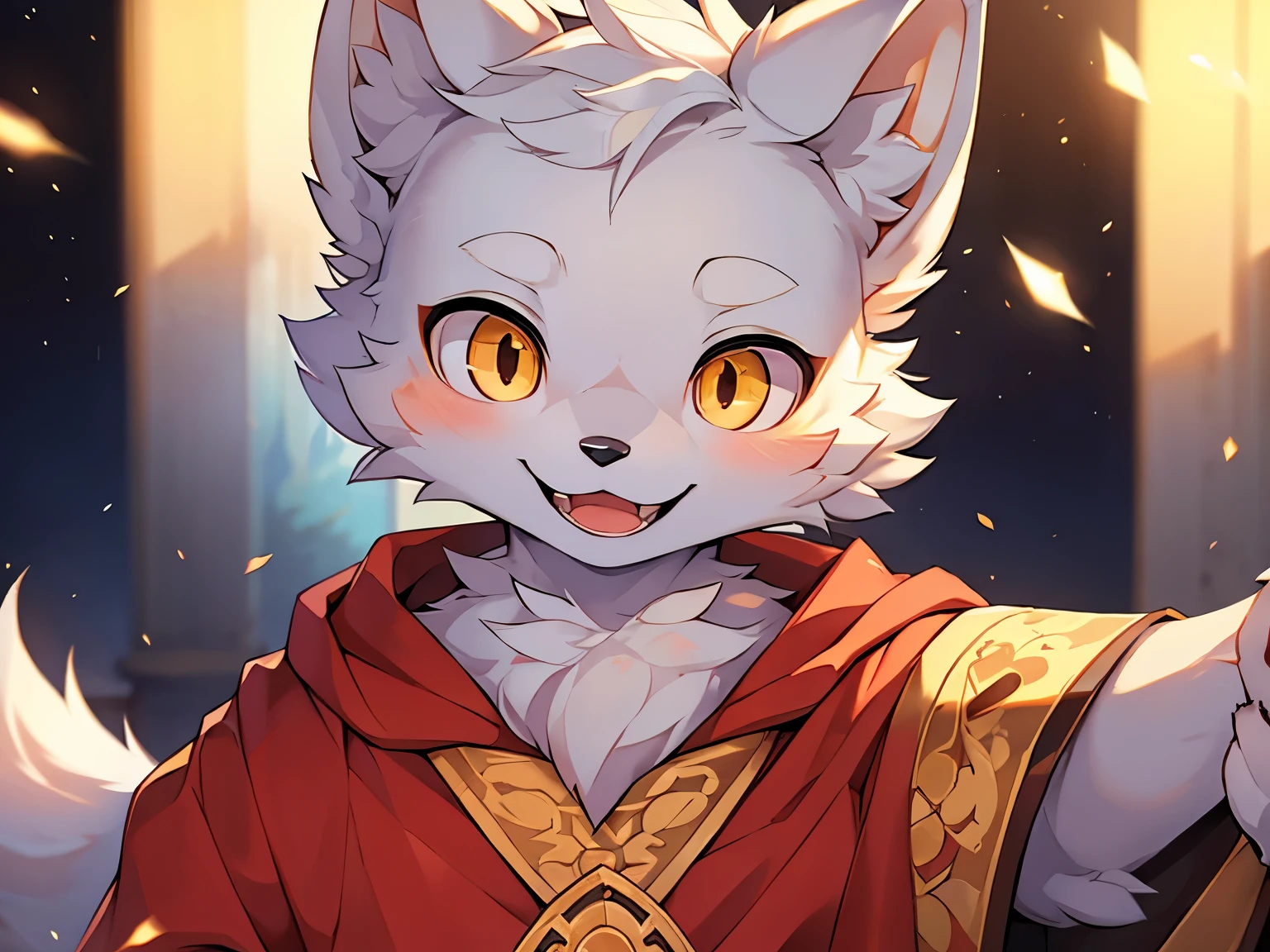 (best picture quality),(masterpiece),(((the only person))),(Super detailed),(male arctic fox:1.5), (white skin:1.3), hairy,(white fur:1.3),((golden pupils)) ,(gray ears),(hairy 动物 耳朵s),((Wearing a Chinese robe),natural lighting,complex background,Detailed face,details on face,Character focus,Detailed clothes,upper part of body,depth of field,lighting perfect,sharp focus,light particles,open mouth,Smile,alone