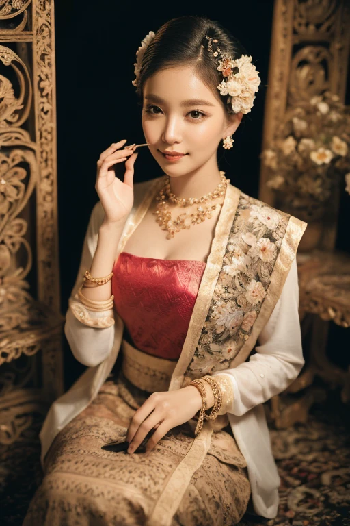 (best quality,4k,8k,highres,masterpiece:1.2),ultra-detailed,(realistic,photorealistic,photo-realistic:1.37),portrait,stunning Burmese patterned traditional dress lady,beautifully adorned,eye-catching brocade patterns,rich and vibrant colors,detailed embroidery work,exquisite textures,meticulously handcrafted dress,vividly captures the essence of Burmese culture,traditional floral motifs,graceful silhouette,fine folds and pleats,accentuates the lady's elegance,black single bun hair with flower,intricately arranged hairpiece,delicate and feminine,adds a touch of sophistication,soft yet confident expression,deep and captivating eyes,lustrous lips with a hint of a smile,flawless complexion,golden accessories,polished and refined,mesmerizing presence,subtle lighting,dramatic shadows,showcases the lady's grace and beauty,immersive visual experience, naked lady