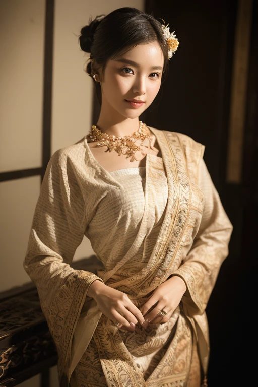 (best quality,4k,8k,highres,masterpiece:1.2),ultra-detailed,(realistic,photorealistic,photo-realistic:1.37),portrait,stunning Burmese patterned traditional dress lady,beautifully adorned,eye-catching brocade patterns,rich and vibrant colors,detailed embroidery work,exquisite textures,meticulously handcrafted dress,vividly captures the essence of Burmese culture,traditional floral motifs,graceful silhouette,fine folds and pleats,accentuates the lady's elegance,black single bun hair with flower,intricately arranged hairpiece,delicate and feminine,adds a touch of sophistication,soft yet confident expression,deep and captivating eyes,lustrous lips with a hint of a smile,flawless complexion,golden accessories,polished and refined,mesmerizing presence,subtle lighting,dramatic shadows,showcases the lady's grace and beauty,immersive visual experience,  lady