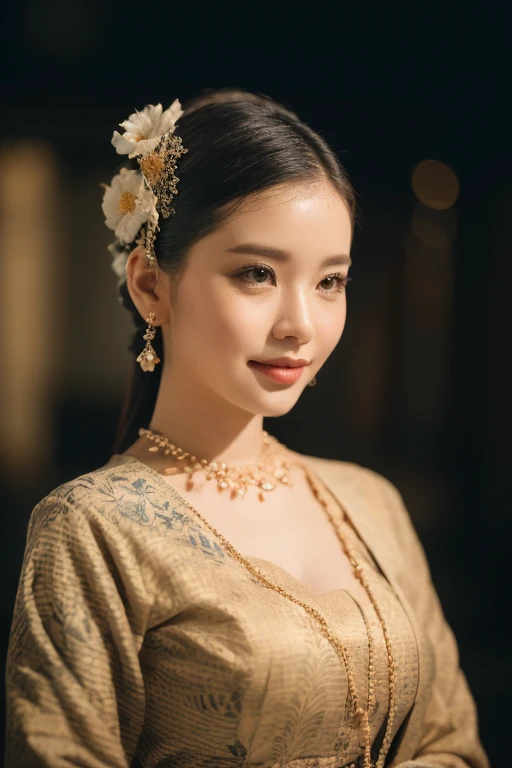 (best quality,4k,8k,highres,masterpiece:1.2),ultra-detailed,(realistic,photorealistic,photo-realistic:1.37),portrait,stunning Burmese patterned traditional dress lady,beautifully adorned,eye-catching brocade patterns,rich and vibrant colors,detailed embroidery work,exquisite textures,meticulously handcrafted dress,vividly captures the essence of Burmese culture,traditional floral motifs,graceful silhouette,fine folds and pleats,accentuates the lady's elegance,black single bun hair with flower,intricately arranged hairpiece,delicate and feminine,adds a touch of sophistication,soft yet confident expression,deep and captivating eyes,lustrous lips with a hint of a smile,flawless complexion,golden accessories,polished and refined,mesmerizing presence,subtle lighting,dramatic shadows,showcases the lady's grace and beauty,immersive visual experience,  lady