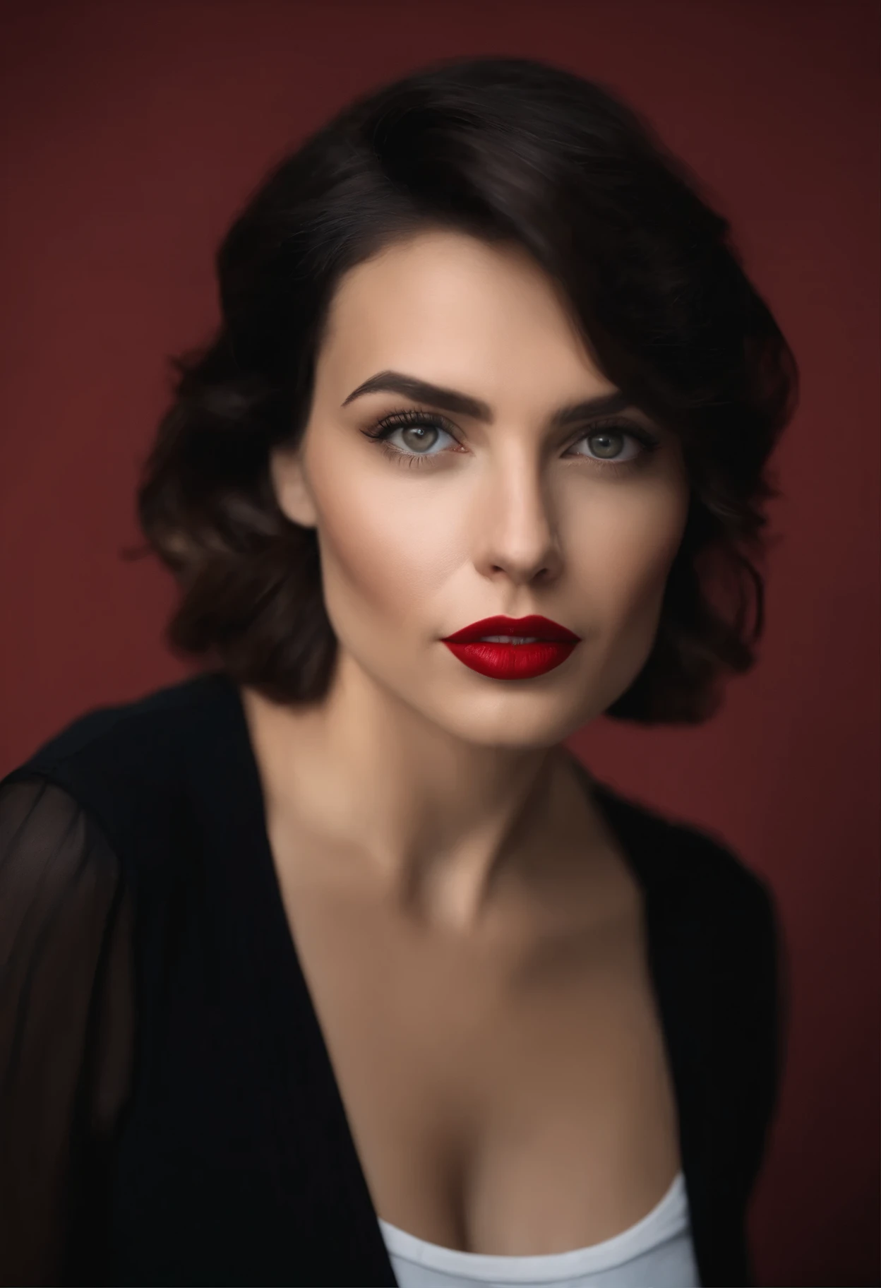 A waist-up portrait of a beautiful female whose facial features are a combination of Gal Gadot + Anna Hopkins. The female has lovely makeup on her face. The female wears red lipstick. Symmetrical eyes. Symmetrical face. Lovely details. Photorealistic. Full-colored photo. Professional photo. Highly detailed 8K.