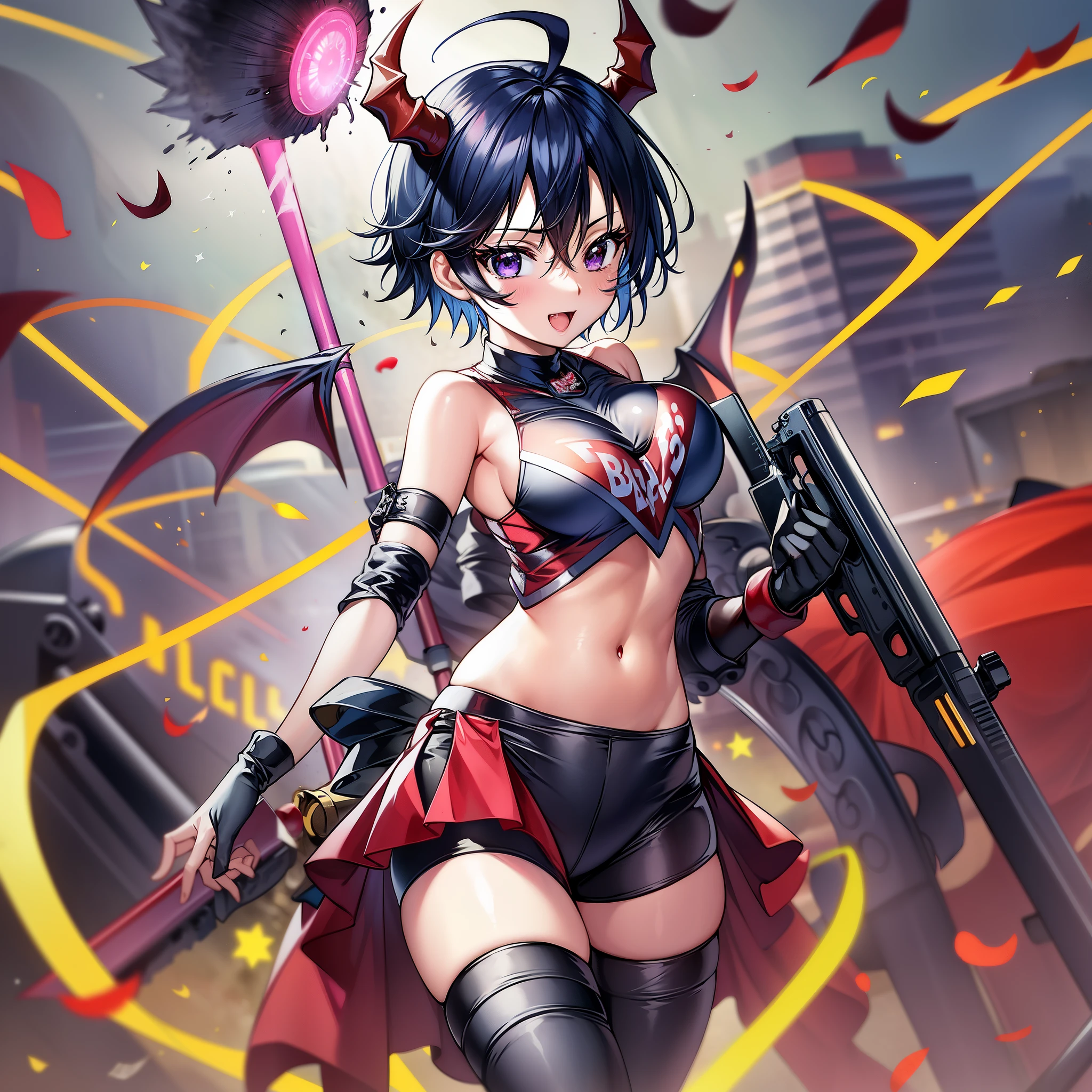 Eyeshield 21、American Football、mud door、mud doorデビルバッツ、Suzune Taki、(((red cheerleader)))+++、(((red cheerleader服)))+++、(((Navel exposed)))+++、slender body shape、black short hair、Ahoge、purple eyes、(((red demon wings)))+++、Lemon-like short hair with a blue-ish black color and a slender appearance.、RB at the speed of light、Fully mobile artillery battery with light speed of 4 seconds 2、devil bad、Tension MAX、American football、gun、dynamite、explosion、devil badダイブ、devil bat ghost、devil bad hurricane、devil 4th dimension、devil laser bullet、devil laser bullet、60 yard magnum、hell's command tower、devil's tactician、YA---HA---!!、