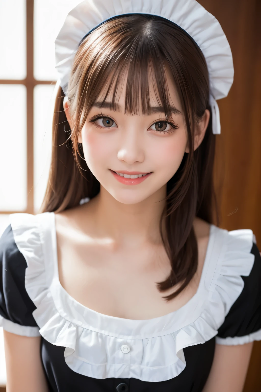 table top, highest quality, one girl, (beautiful girl:1.3), (************:1.2), extremely fine-grained clarity, (symmetrical eyes:1.3), (maid costume, Cute Maid, Moe maid:1.2), brown eyes, parted bangs, brown hair、smile