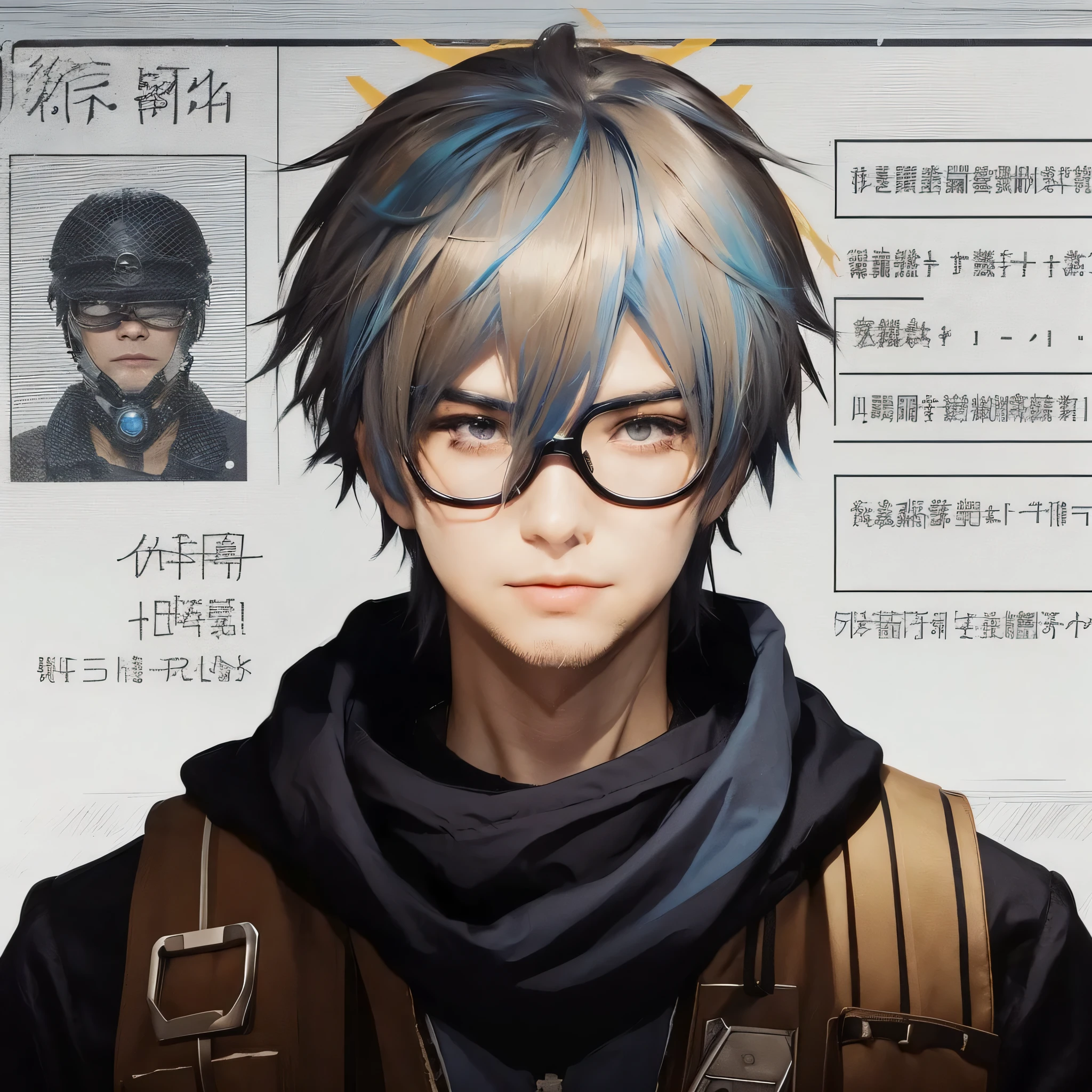 create an open identity passport in a dystopian apocalyptic era using Chinese languages of a beautiful short blue hair anime style 40 years old muscular man wearing glasses, he's a soldier wearing a metal helmet with sunshades googles and black and brown dystopian survivor clothes, he has brown eyes. He is not bald