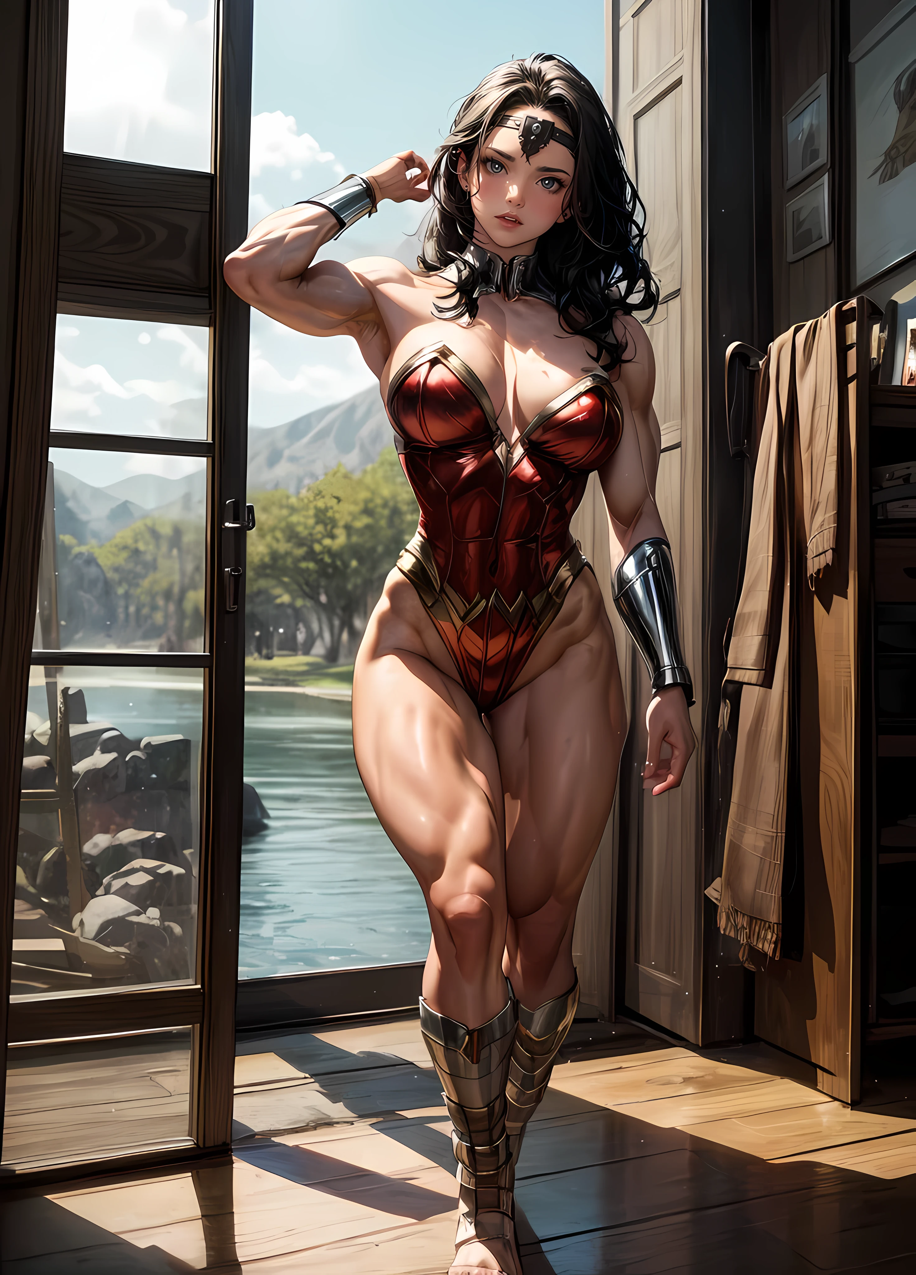 Gal Gadot, Wonder Woman, , natural hair, realistic portrait, 4k, supreme detail, highly detailed, smooth, sharp focus, cinematic lighting, facing the camera, dark studio, rim lighting, two-tone lighting, poorly lit, discreet, full body, muscular body:1.99, big breasts:1.99, muscular thighs:1.99 sexy pose, back looking at the viewer, with detailed and proportional feet and hands, showing movement and expression, standing, ancient greek ruins, lake, trees,