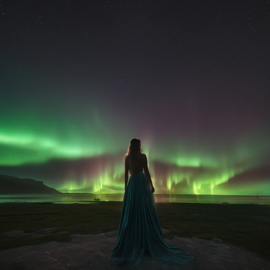 Tyndall Effect, aesthetic, extremely detailed, masterpiece, best quality, Tyndall effect, light pillars, aurora borealis, night sky, 1girl, solo, long dress, northern lights, volumetric lighting, light scattering, atmospheric, mist, emissive materials, unreal engine, volumetric fog, photorealistic, 8k