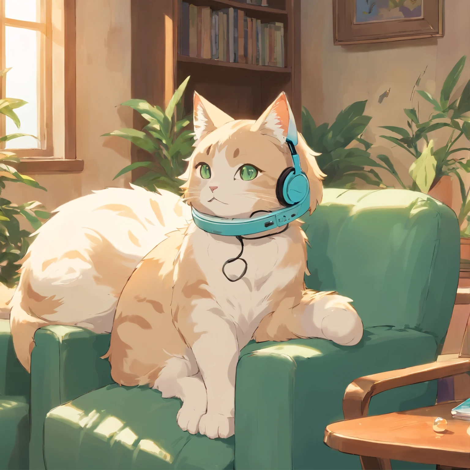 cat is wearing headphones、Cats acting like humans、sitting on the sofa like a human、Composed of soft dull pale colors、The cat&#39;s fur is expressed in gentle shades of gray and cream.、The warm colors of the headphones、Accented by subtle shades of green and blue in the background