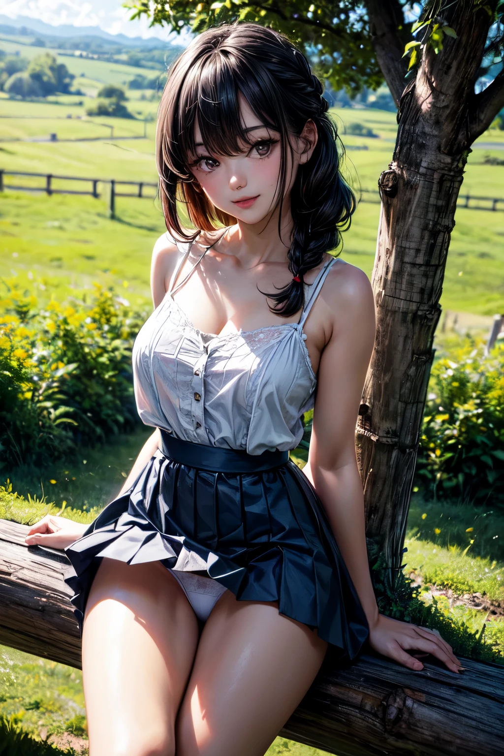 very cute and beautiful girl,(highly detailed beautiful face),
white camisole,standing under big tree,cowboy shot BREAK
 (smile),happy,looking at viewer,(pleated blue mini skirt:1.2),skirt lift,(white panties),
countryside,grassland,hilltop,wooden fence,detailed landscape,black hair,twin braid,
(best quality,masterpiece:1.2),absurdres,highres,ultra-detailed,extremely detailed,32k,8k resolution,
intricate details,cinematic scene,detailed background,solo,dynamic angle,