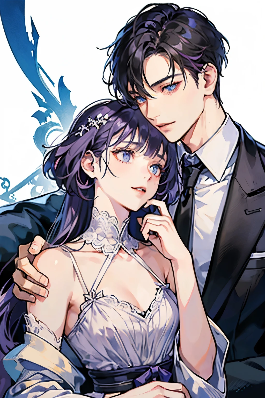 white background、((Man with purple hair))、droppy eyes、blue eyeole on face、man in white shirt、Short-haired man、Handsome guy、chest、((center parting man))、smile、 male、adult woman、woman in a black dress、long hair girl、man and woman hugging each other、((Girl with long black hair))、beautiful boy、girl with bangs、detailed face、clear face、man hugging waist、((Highest image quality))、mole、lover