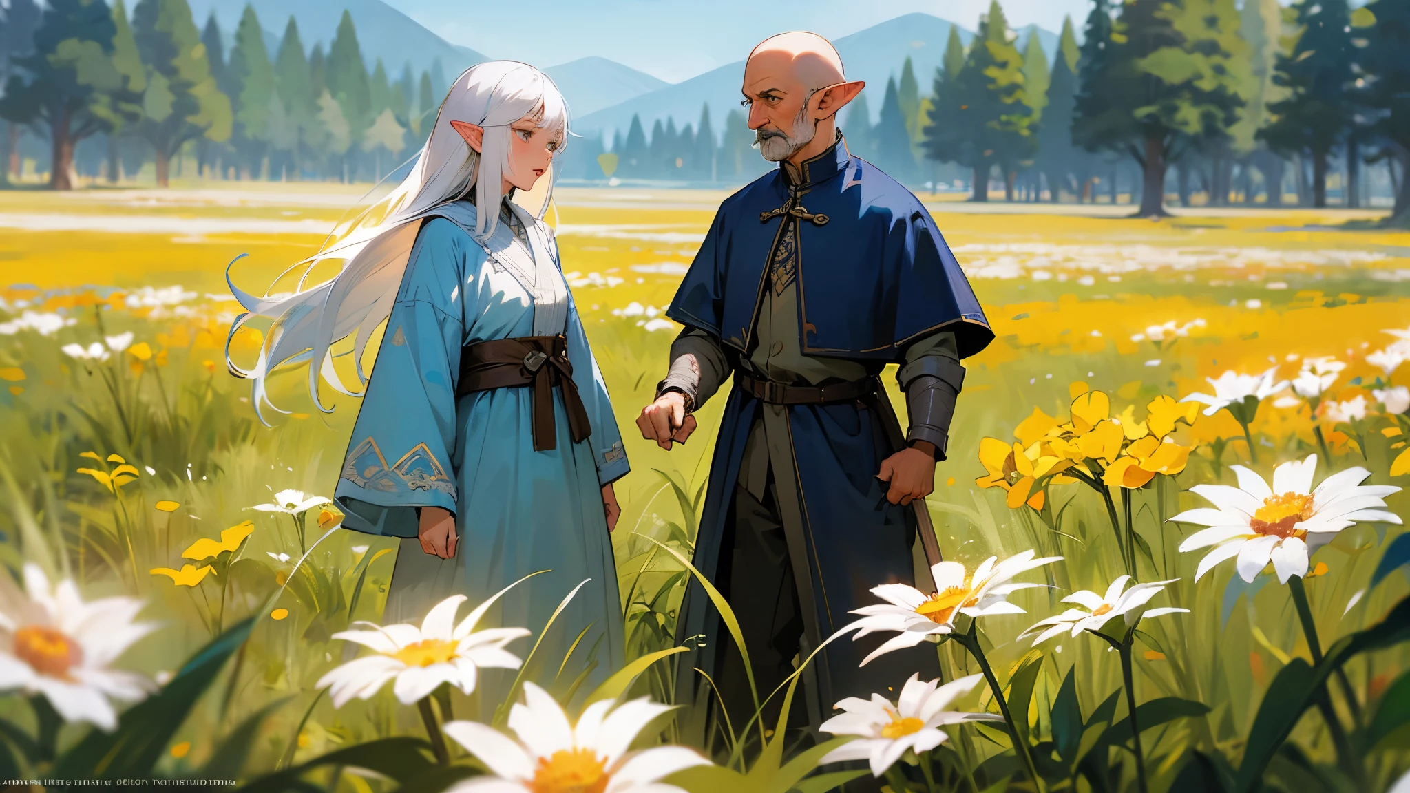 In the middle of a field of flowers, a field of flowers, a female elf mage with white hair and a male hero with blue and white hair, aged 80, had an old face, bald head, and a mustache.
