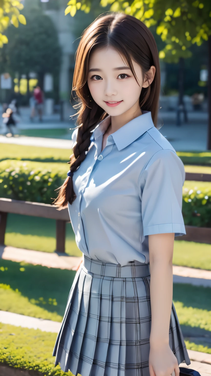 master piece:1.5、14young girl、Japanese、Braid、cute face、insane precision、delicately drawn hair、perfect anatomy、small breasts、small breasts、healthy body、Very cute、School Idol、smile:0.3、cute pose、hands tied behind one's back、((collared short sleeve shirt, light blue shirt, school uniform, Grey plaid pleated skirt))、park bench、Landscape with pigeons、highest quality、ultra high resolution、Super detailed、cinematic lighting、professional photographer