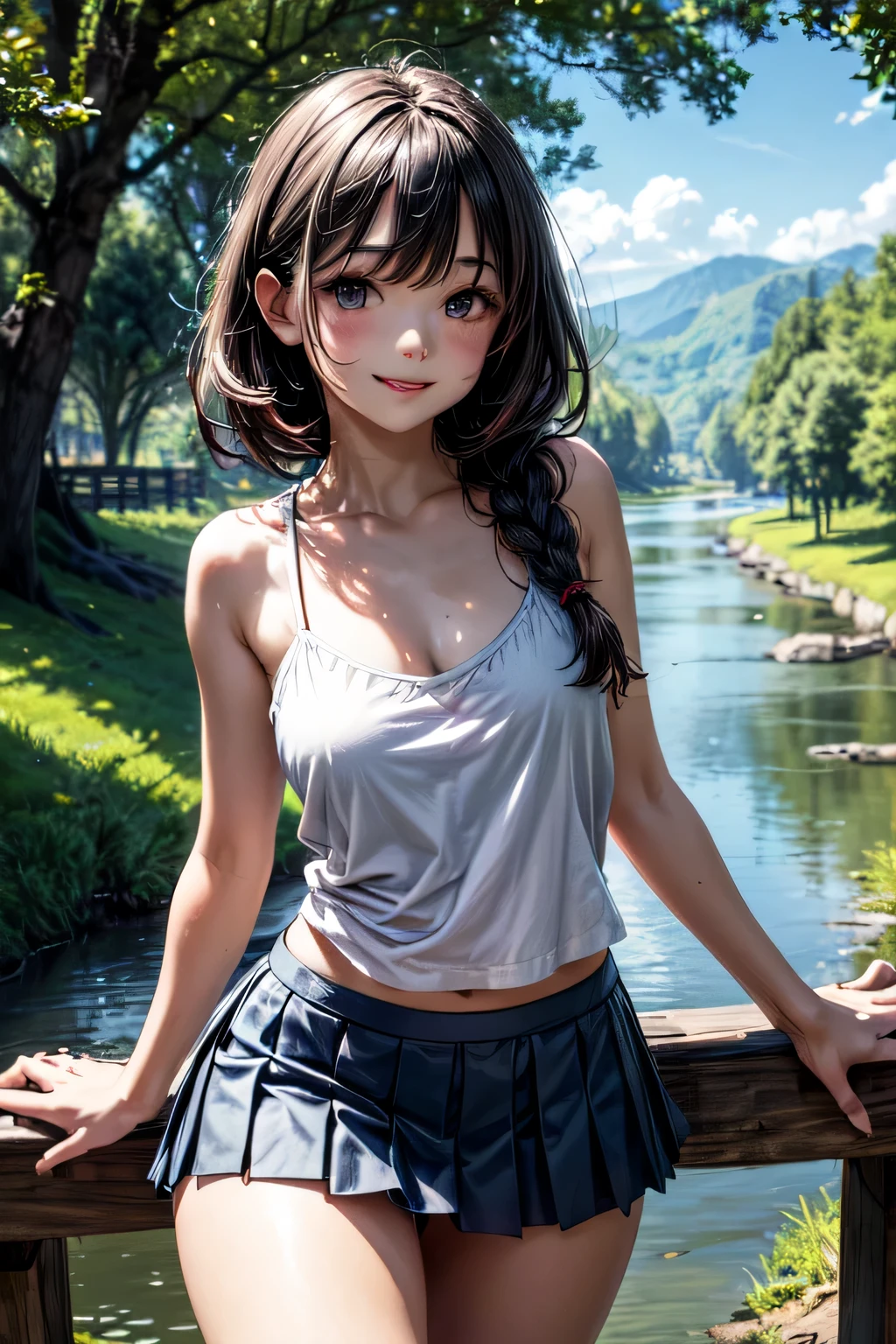 very cute and beautiful girl,(very detailed美しい顔), white camisole,大きなwoodの下に立っている,Cowboy shot BREAK (smile),Happy,looking at the viewer,(blue pleated mini skirt:1.2),skirt lift,(white panties), countryside,along the narrow river,bridge,wood,summer,detailed landscape,black hair,twin blade, (highest quality,masterpiece:1.2),disorganized,High resolution,super detailed,very detailed,32K,8K resolution, intricate details,movie-like scene,detailed background,alone,dynamic angle,