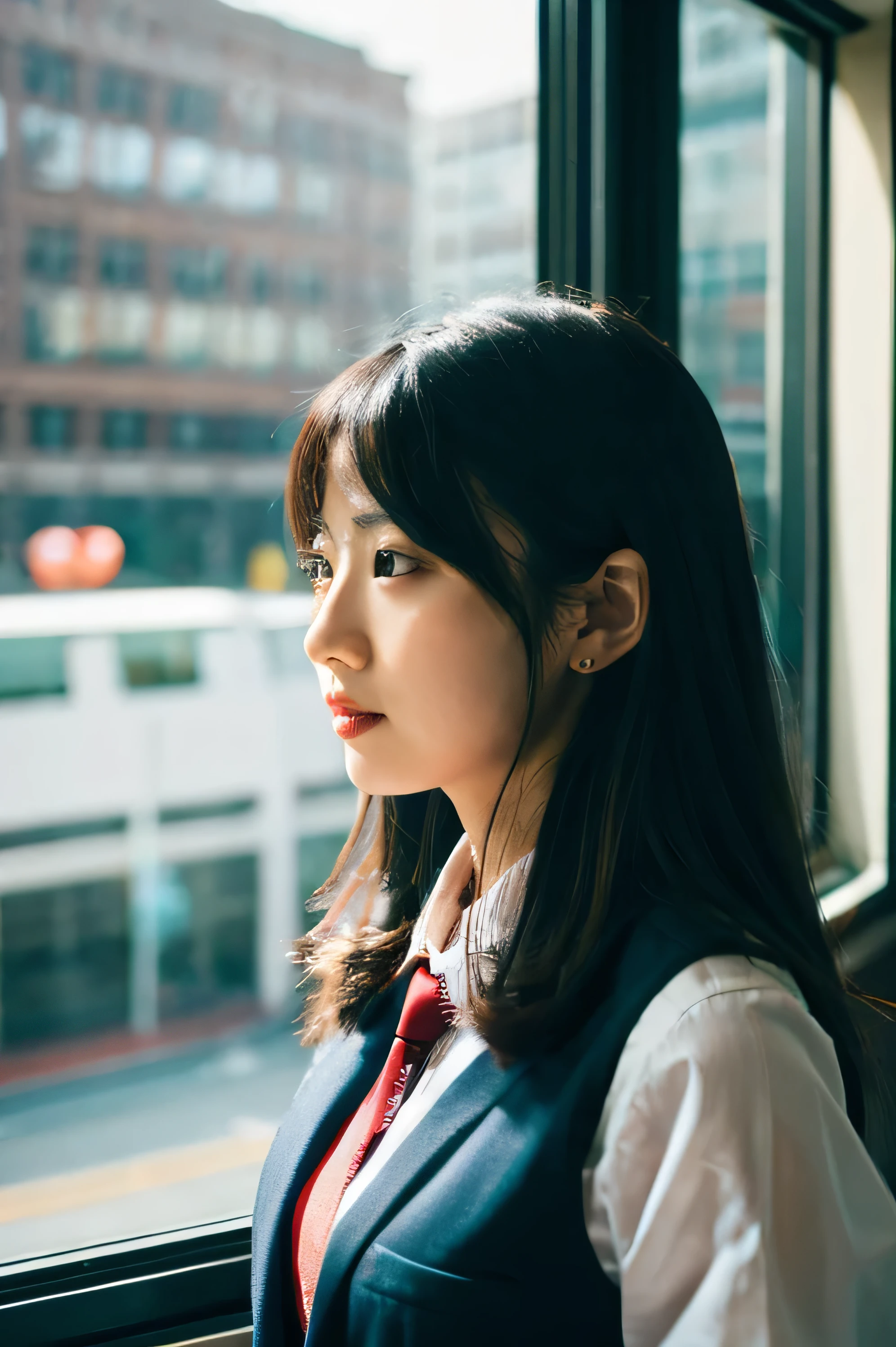 1 girl, 18 year old female, vest, bow, photograph, realistic, highest quality, hire, detailed face, office, building seen from the window, detailed background, diffused sunlight, Depth of written boundary, Bokeh