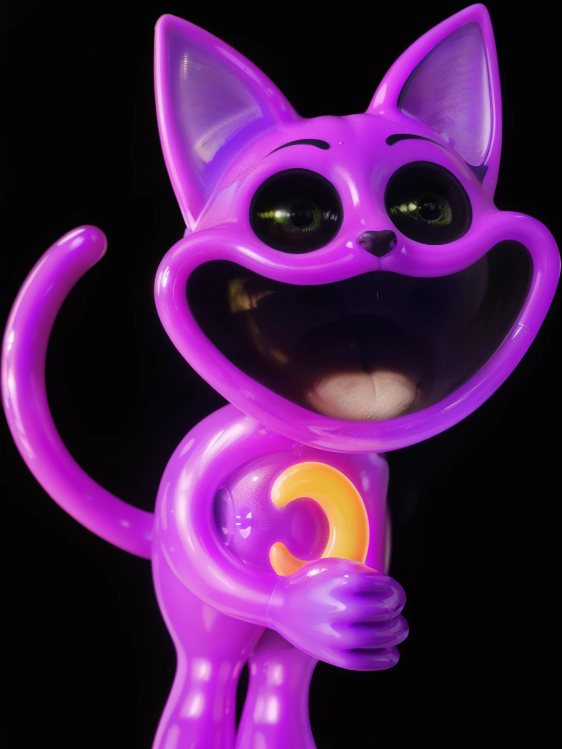 violet cat plastic toy, cat toy, game character, videogame character, creepy cat, large creepy dark smile, cat with creepy smile and red eyes, insane, d, cat toy, glossy texture, smooth 3d model, multiple light sources, rim light, sharp post effects render, (glossy plastic texture with multiple big light probe refractions), perfect cgi, smooth silhouette, high intensity refraction, (super glossy plastic material), most beautiful vfx, , realistic, 4k, high resolution, rim light, smooth 3d model, multiple light sources, rim light, sharp post effects render,, realistic, 4k, high resolution, rim light detailed digital art, reflective, best quality, 4k, masterpiece:1.2, ultra-detailed, realistic, vivid colors, The image of the highest quality, ensuring every detail showcased perfectly. It in 4k resolution, allowing viewers to immerse themselves in the richness of the colors and intricate details. The realistic rendering. under the spotlight, reflecting, high-resolution image, realistic rendering