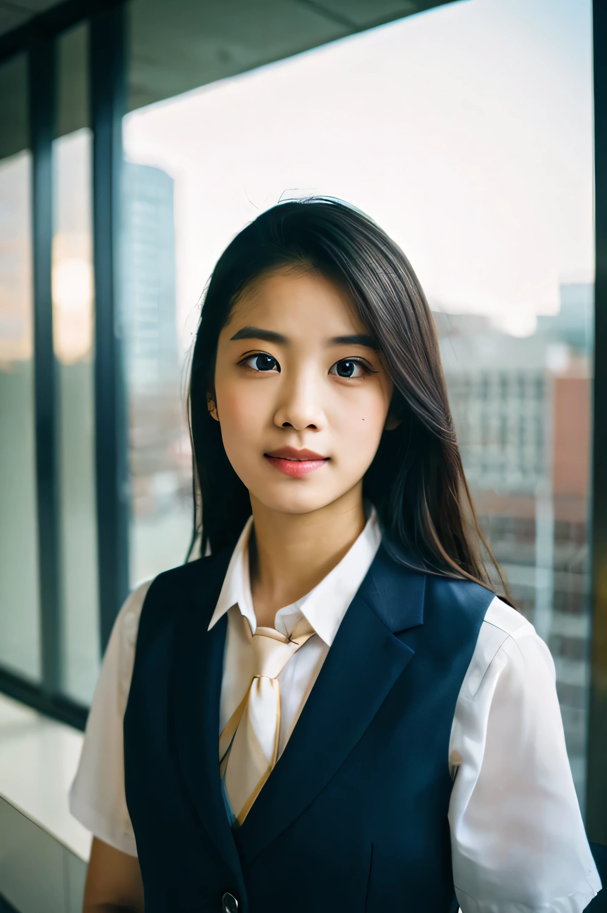 1 girl, 18 year old female, vest, bow, photograph, realistic, highest quality, hire, detailed face, office, building seen from the window, detailed background, diffused sunlight, Depth of written boundary, Bokeh