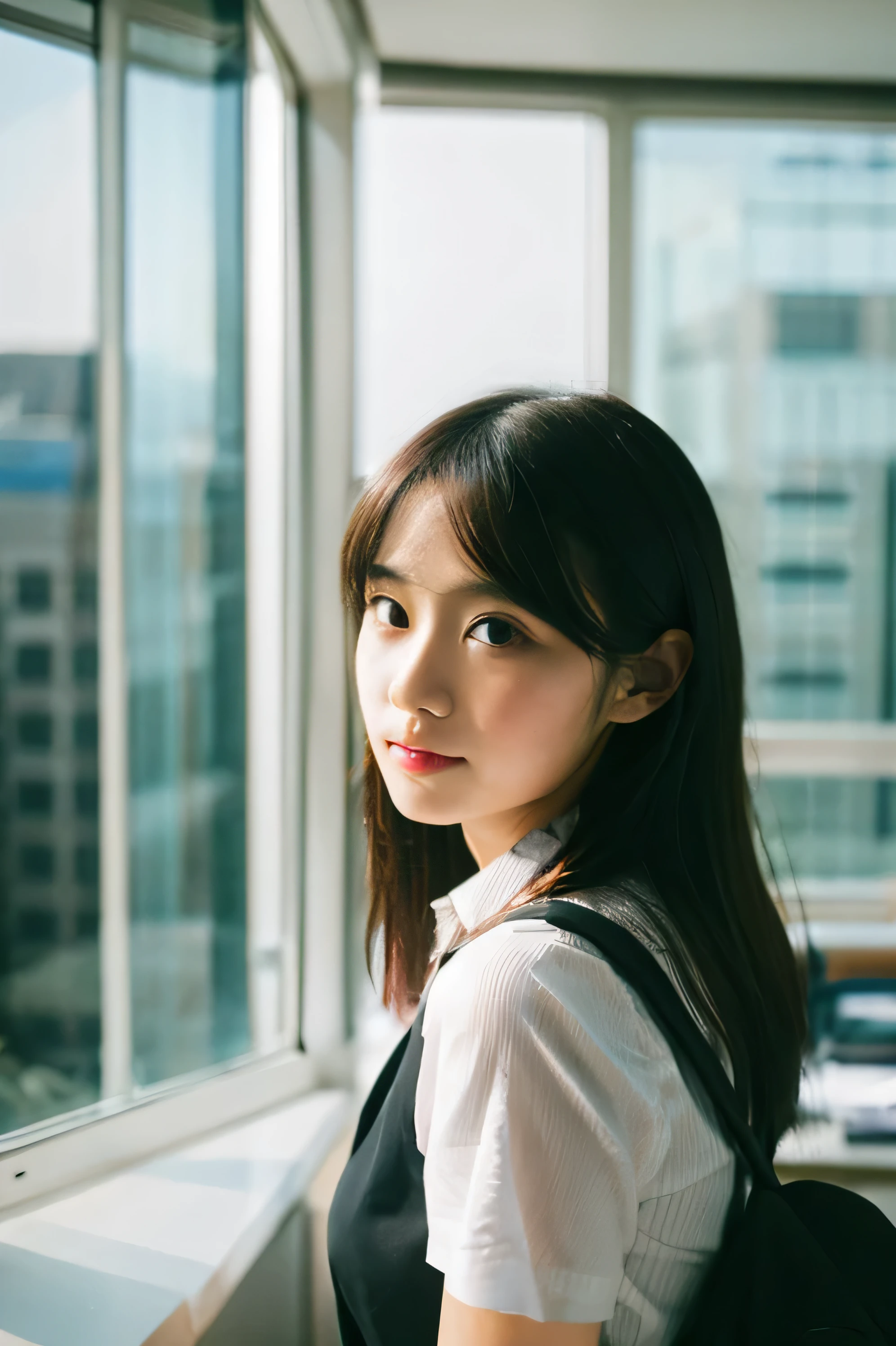 1 girl, 18 year old female, vest, bow, photograph, realistic, highest quality, hire, detailed face, office, building seen from the window, detailed background, diffused sunlight, Depth of written boundary, Bokeh